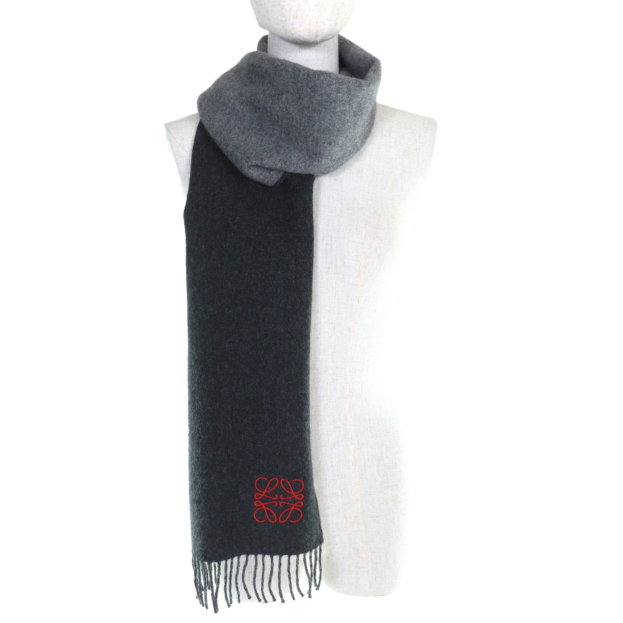 Loewe LOEWE wool and cashmere long scarf with anagram embroidery fringe, gray red, made in England, authentic, women's, highly recommended! Size ONE SIZE - 3 Thumbnail