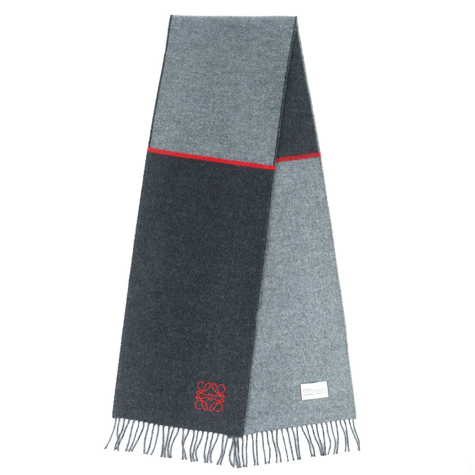 Loewe LOEWE wool and cashmere long scarf with anagram embroidery fringe, gray red, made in England, authentic, women's, highly recommended! Size ONE SIZE - 2 Thumbnail
