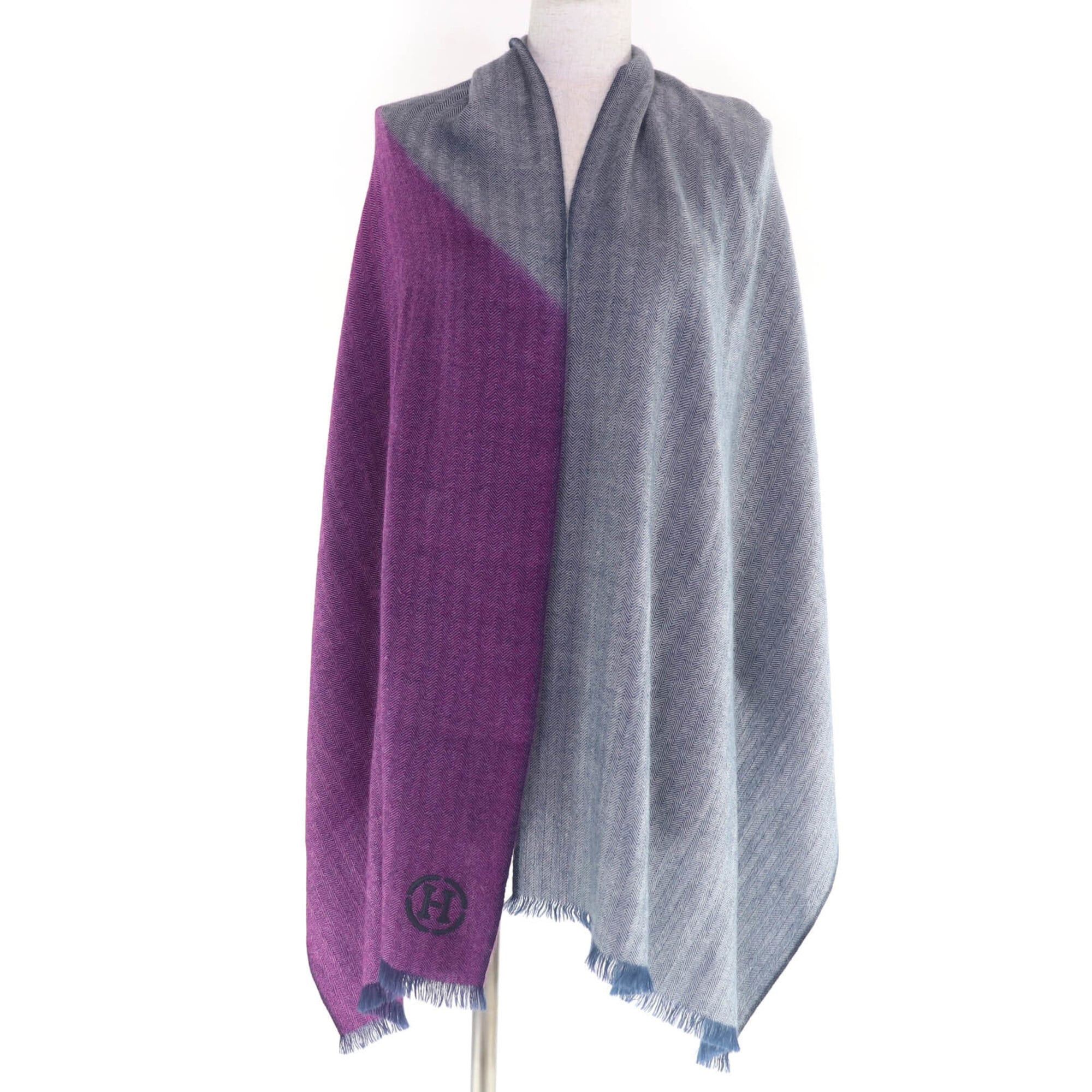 Hermes HERMES 100% Cashmere Shawl/Stole with H Logo Leather Patch and Fringe - Large Size, Purple/Navy Women's Size ONE SIZE - 4 Thumbnail