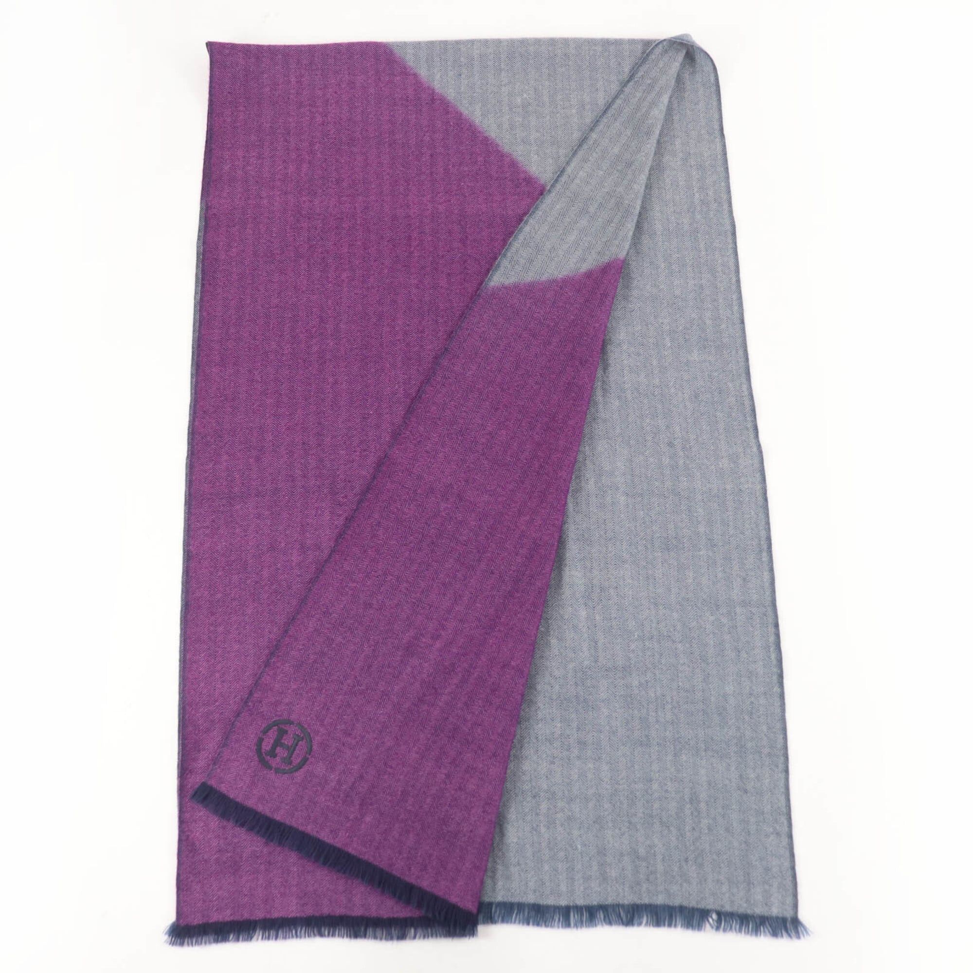 Hermes HERMES 100% Cashmere Shawl/Stole with H Logo Leather Patch and Fringe - Large Size, Purple/Navy Women's Size ONE SIZE - 2 Thumbnail