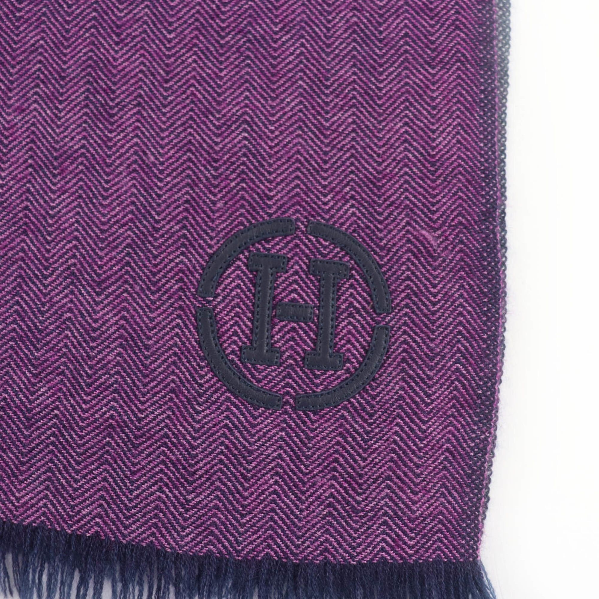 Hermes HERMES 100% Cashmere Shawl/Stole with H Logo Leather Patch and Fringe - Large Size, Purple/Navy Women's Size ONE SIZE - 7 Thumbnail