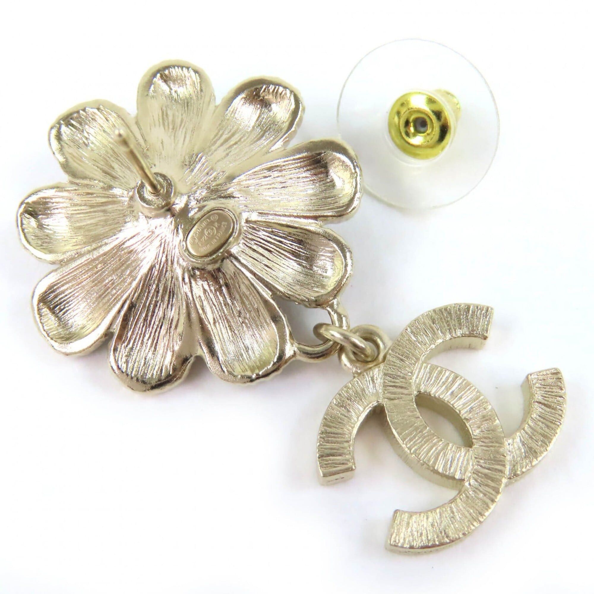 Chanel CHANEL A22K GP Coco Mark Flower Rhinestone Faux Pearl Swing Earrings (Pair) Gold Black Made in France Women's Stylish and Cute Recommended ◎ Size ONE SIZE - 4 Thumbnail