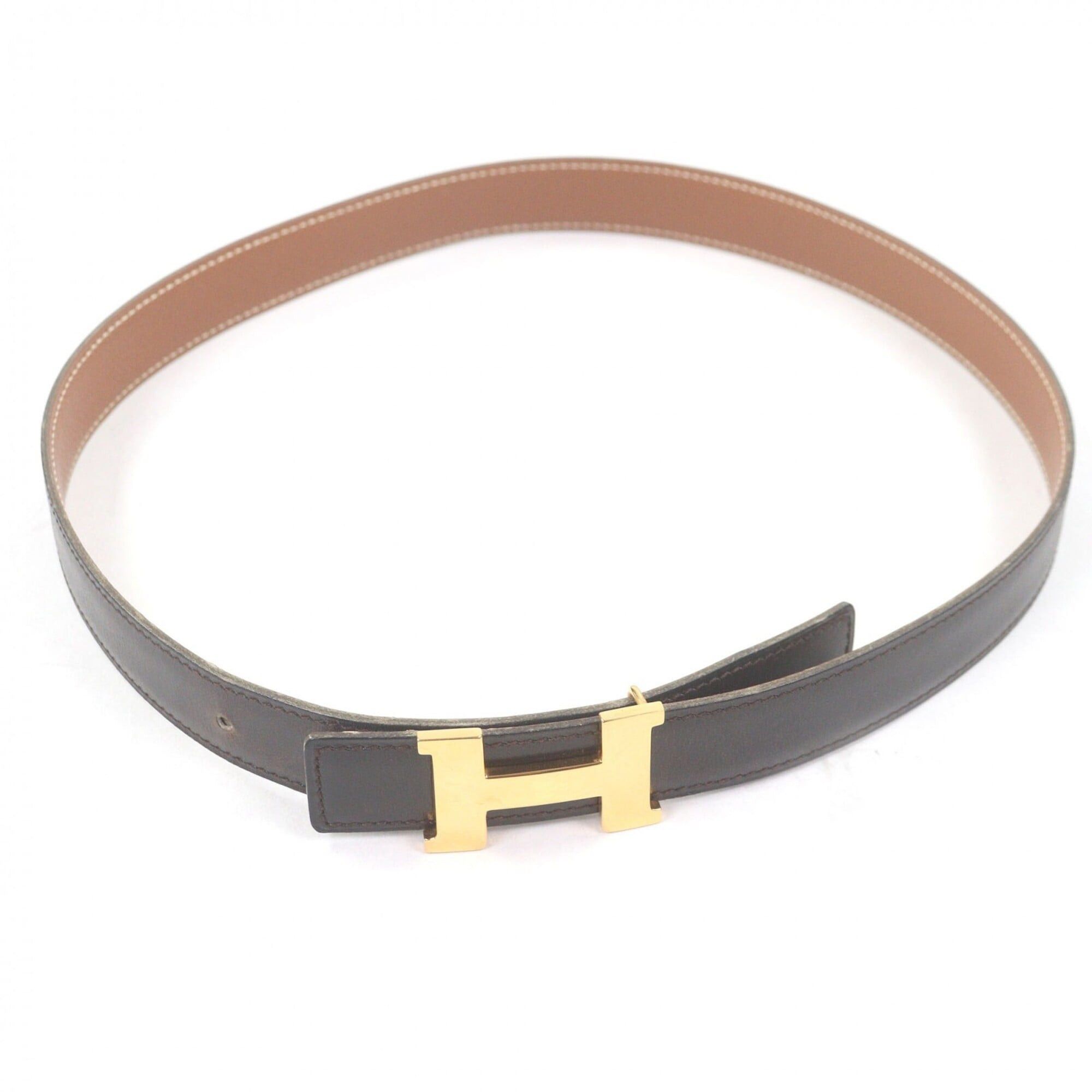 Hermes HERMES Vintage Margiela Era H Logo Gold Buckle Leather Belt Dark Brown Size 70 Made in France □A Stamp Women's Size ONE SIZE - 2 Thumbnail
