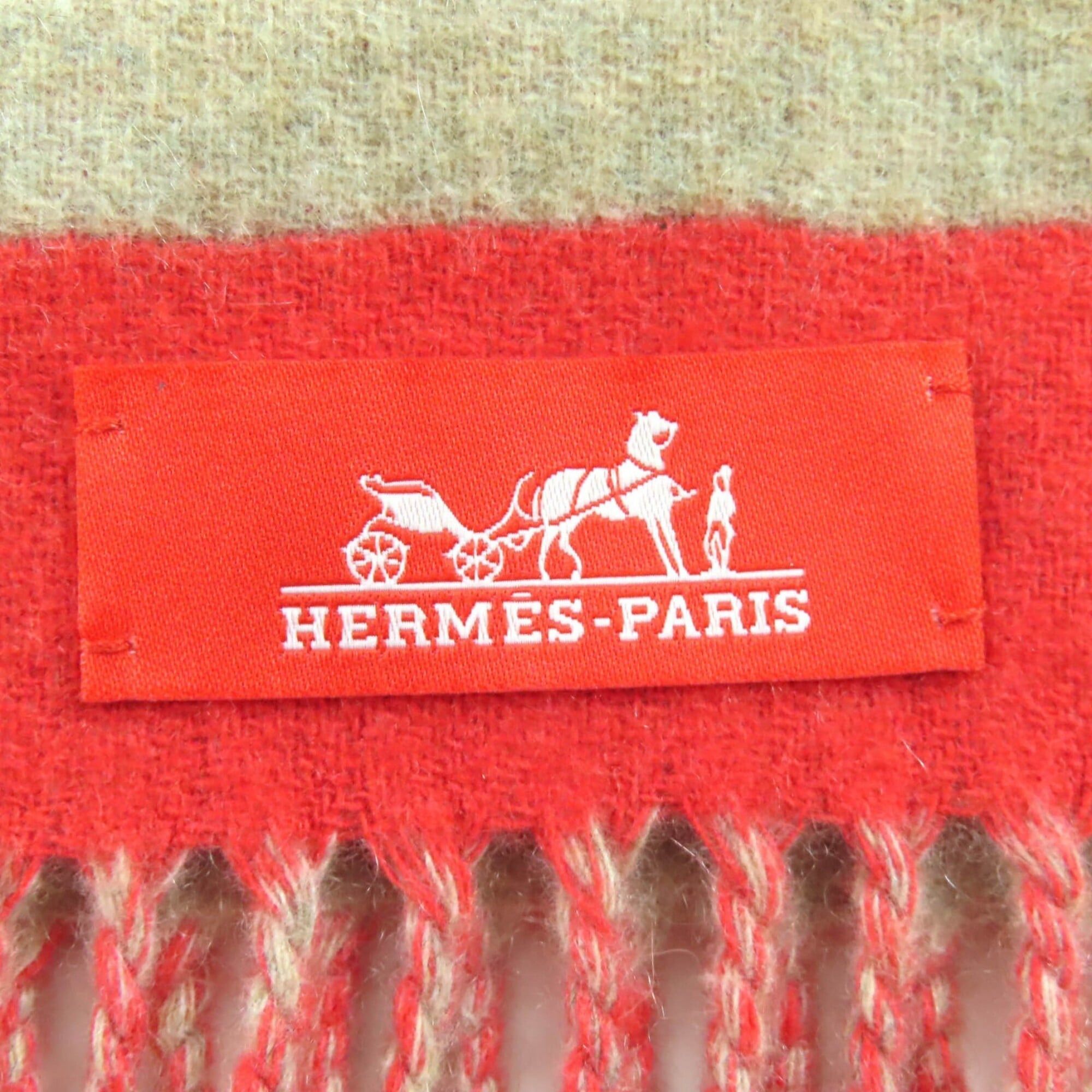 Hermes HERMES Love Story Cashmere Ecarlato Beige Fringe Scarf (Red/Beige) - Made in England Women's Size ONE SIZE - 6 Thumbnail