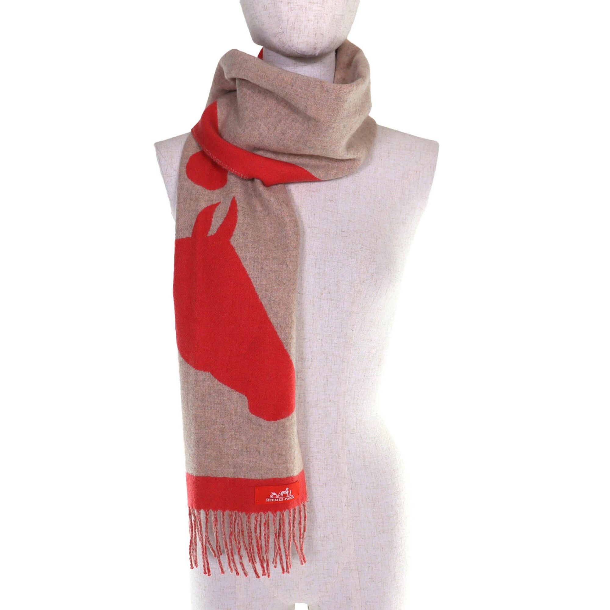 Hermes HERMES Love Story Cashmere Ecarlato Beige Fringe Scarf (Red/Beige) - Made in England Women's Size ONE SIZE - 3 Thumbnail