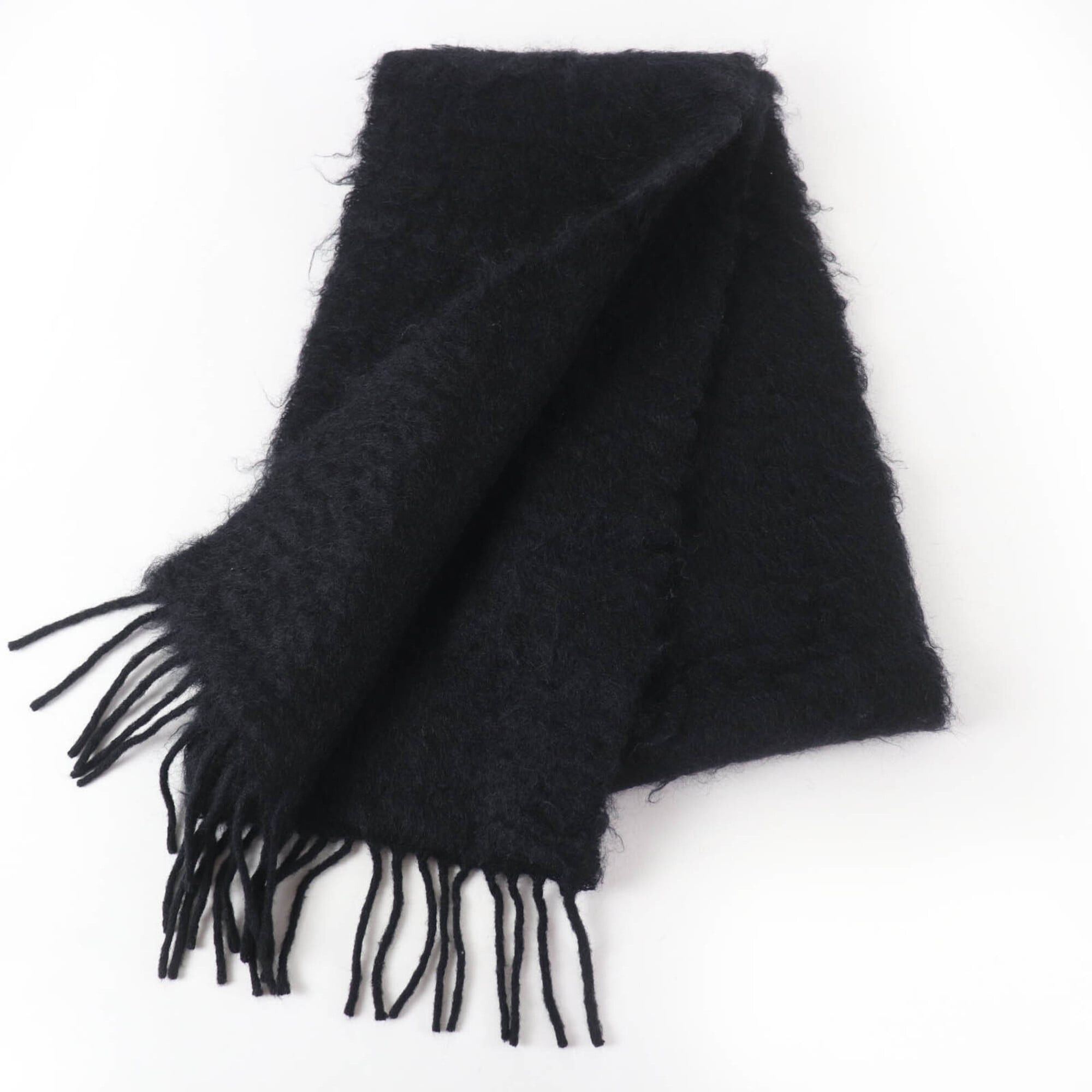 Loewe LOEWE Mohair Wool Anagram Leather Patch Fringe Scarf, Black, Made in Spain, Authentic, Women's Size ONE SIZE - 2 Thumbnail
