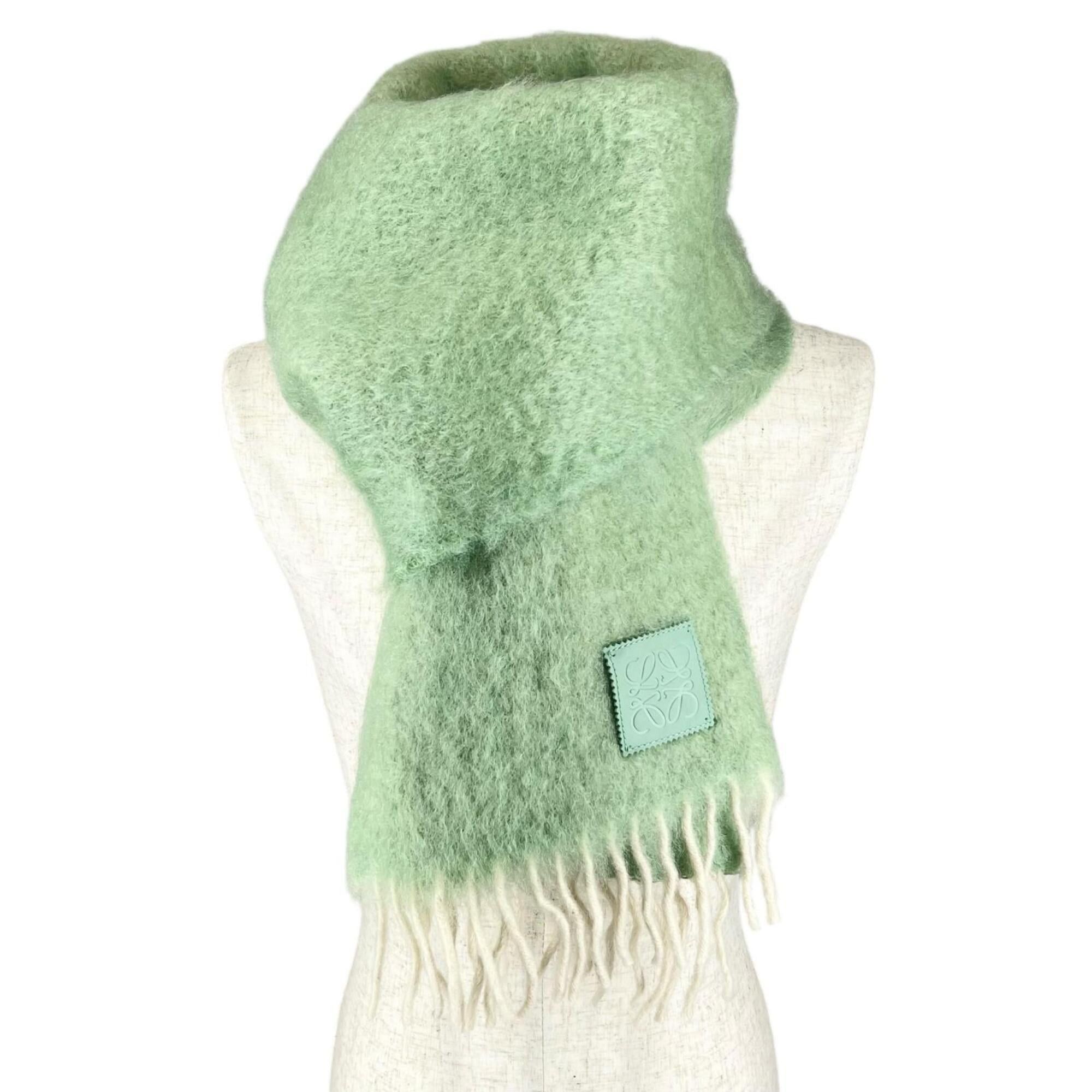 Loewe LOEWE Mohair Wool Anagram Leather Patch Fringe Scarf, Green, Made in Spain, Authentic, Women's Size ONE SIZE - 2 Thumbnail