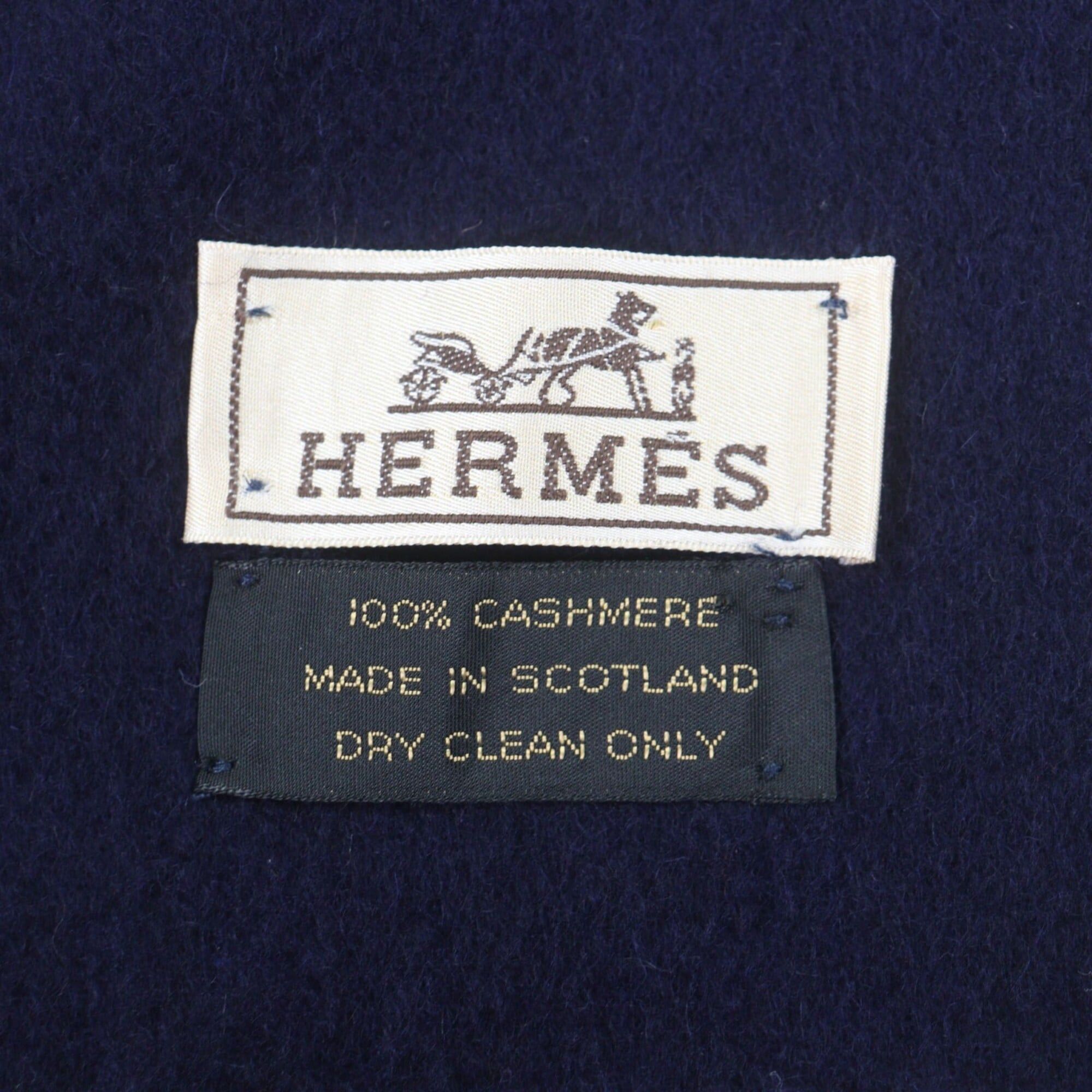 Hermes HERMES 100% Cashmere Scarf with Logo Embroidery and Fringe, Navy, Made in Scotland, Simple Design for Men Women. Size ONE SIZE - 6 Thumbnail