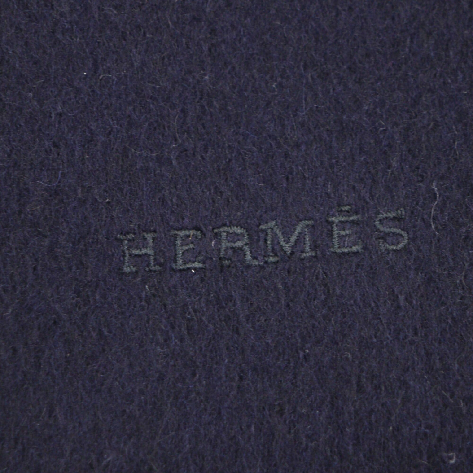 Hermes HERMES 100% Cashmere Scarf with Logo Embroidery and Fringe, Navy, Made in Scotland, Simple Design for Men Women. Size ONE SIZE - 3 Thumbnail