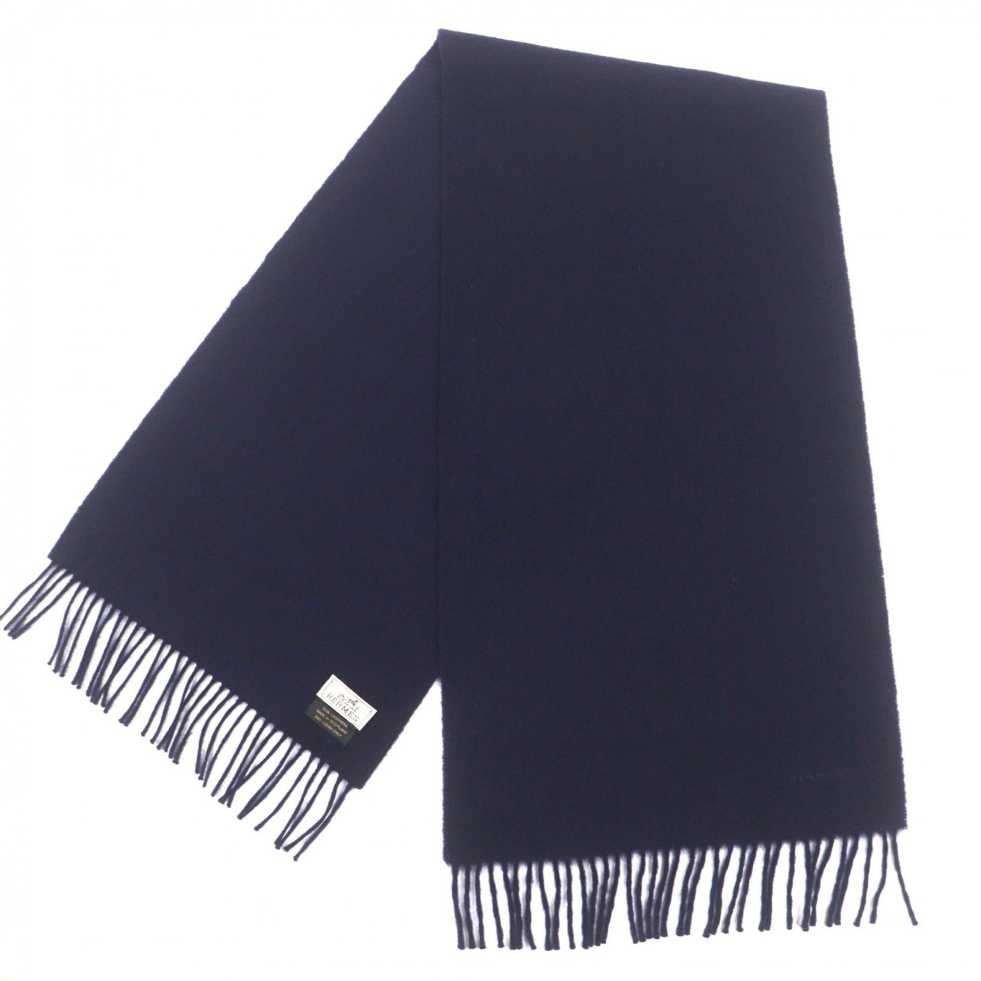 Hermes HERMES 100% Cashmere Scarf with Logo Embroidery and Fringe, Navy, Made in Scotland, Simple Design for Men Women. Size ONE SIZE - 4 Thumbnail