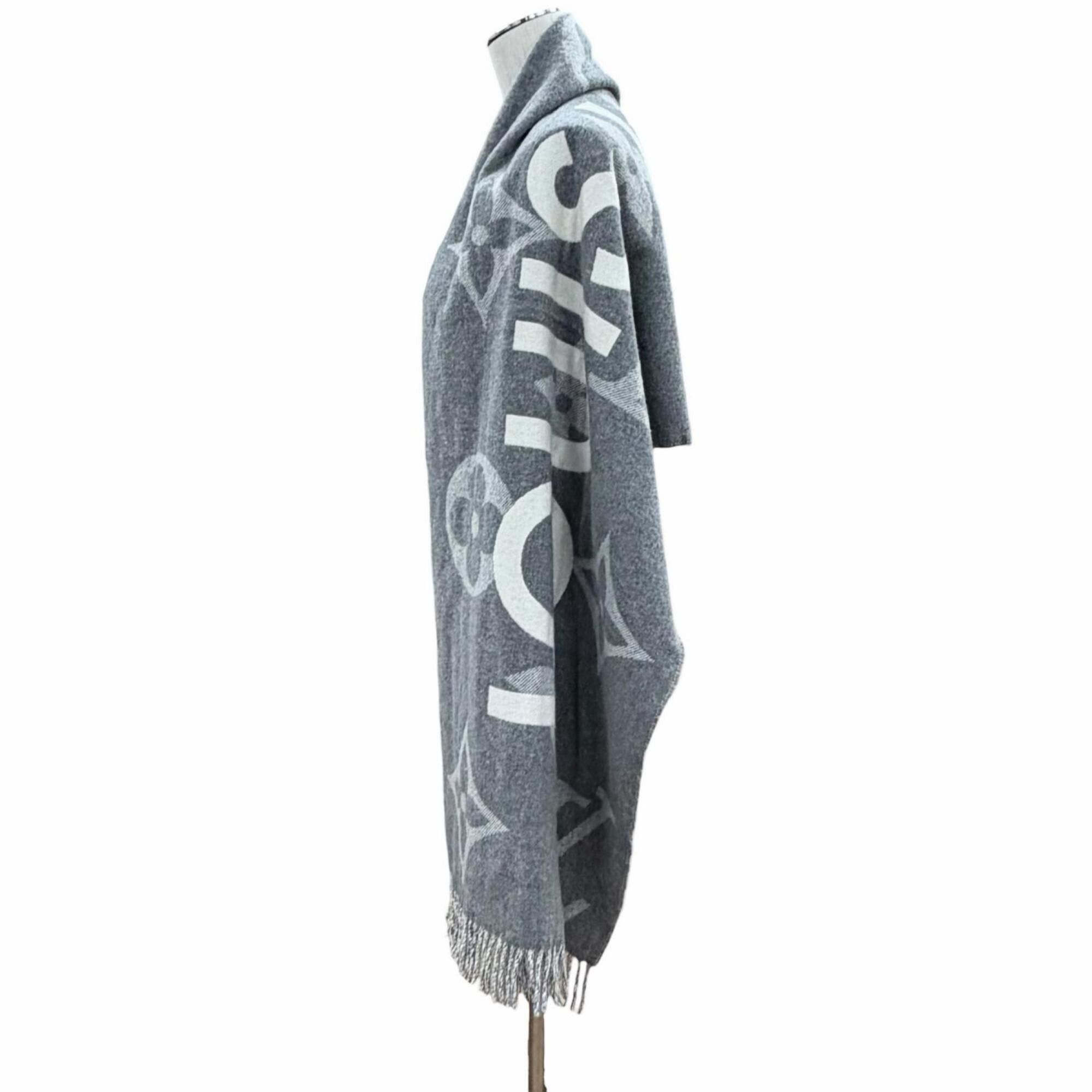 Louis Vuitton LOUIS VUITTON M73455 Echarpe Monogram Capital Cashmere Wool Fringe Scarf, Gray/Off-White, Made in England, Authentic, Women's Size ONE SIZE - 4 Thumbnail