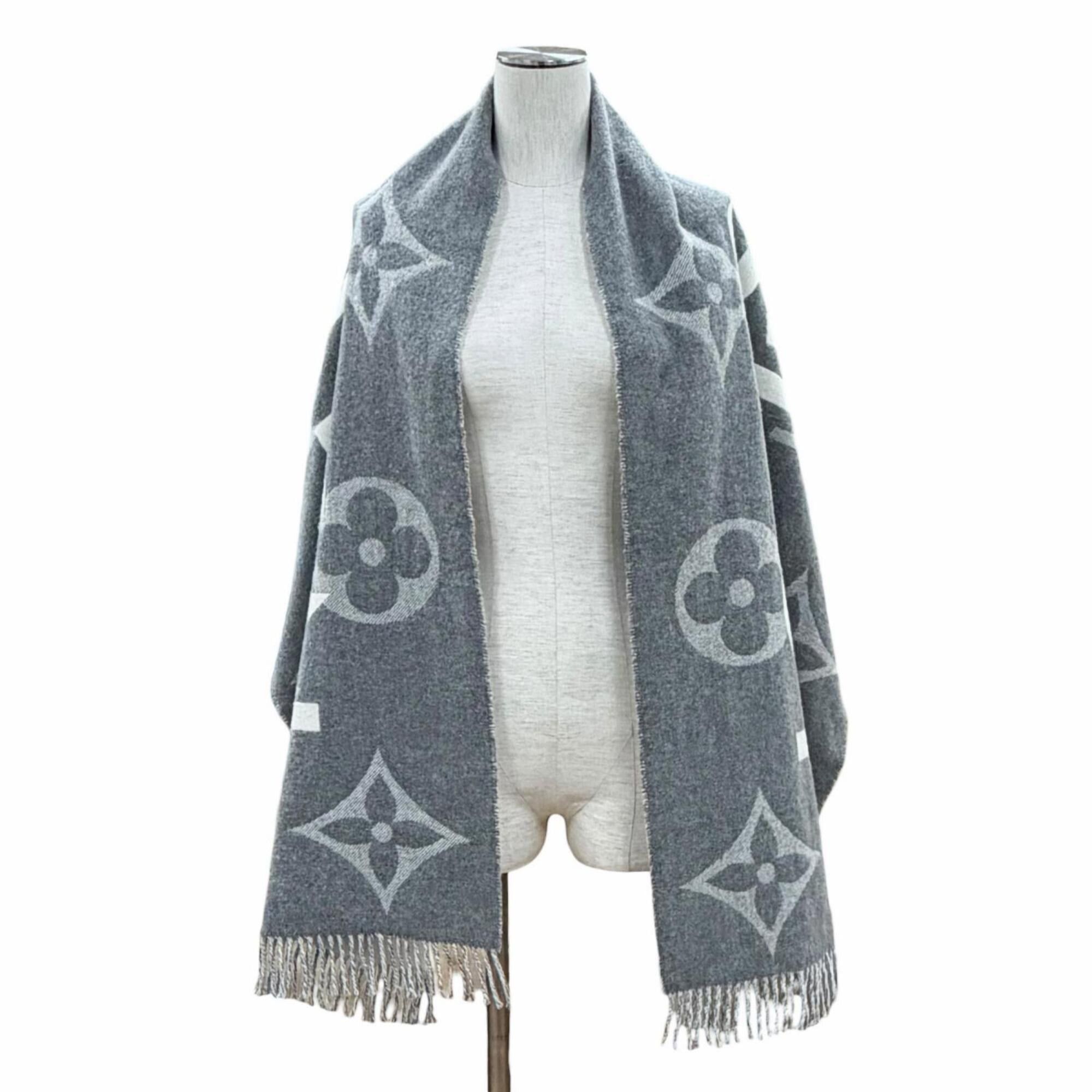 Louis Vuitton LOUIS VUITTON M73455 Echarpe Monogram Capital Cashmere Wool Fringe Scarf, Gray/Off-White, Made in England, Authentic, Women's Size ONE SIZE - 3 Thumbnail