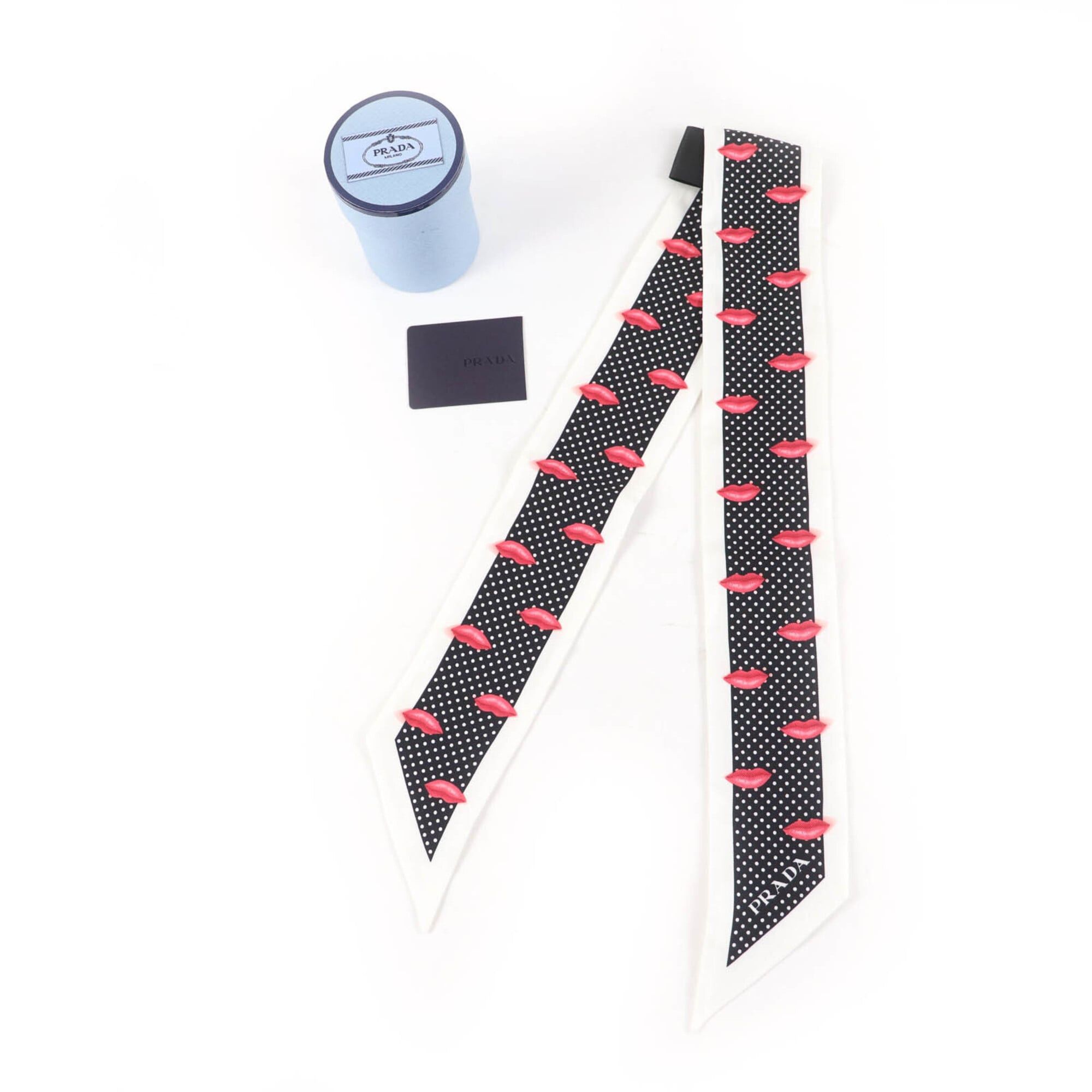 Prada PRADA 1FF008 Printed Silk Twill Skinny Scarf, 100% Silk, Lip Dot Pattern, White & Black, 850 x 60mm, with Box, Made in Italy, Authentic, Women's. Size ONE SIZE - 2 Thumbnail