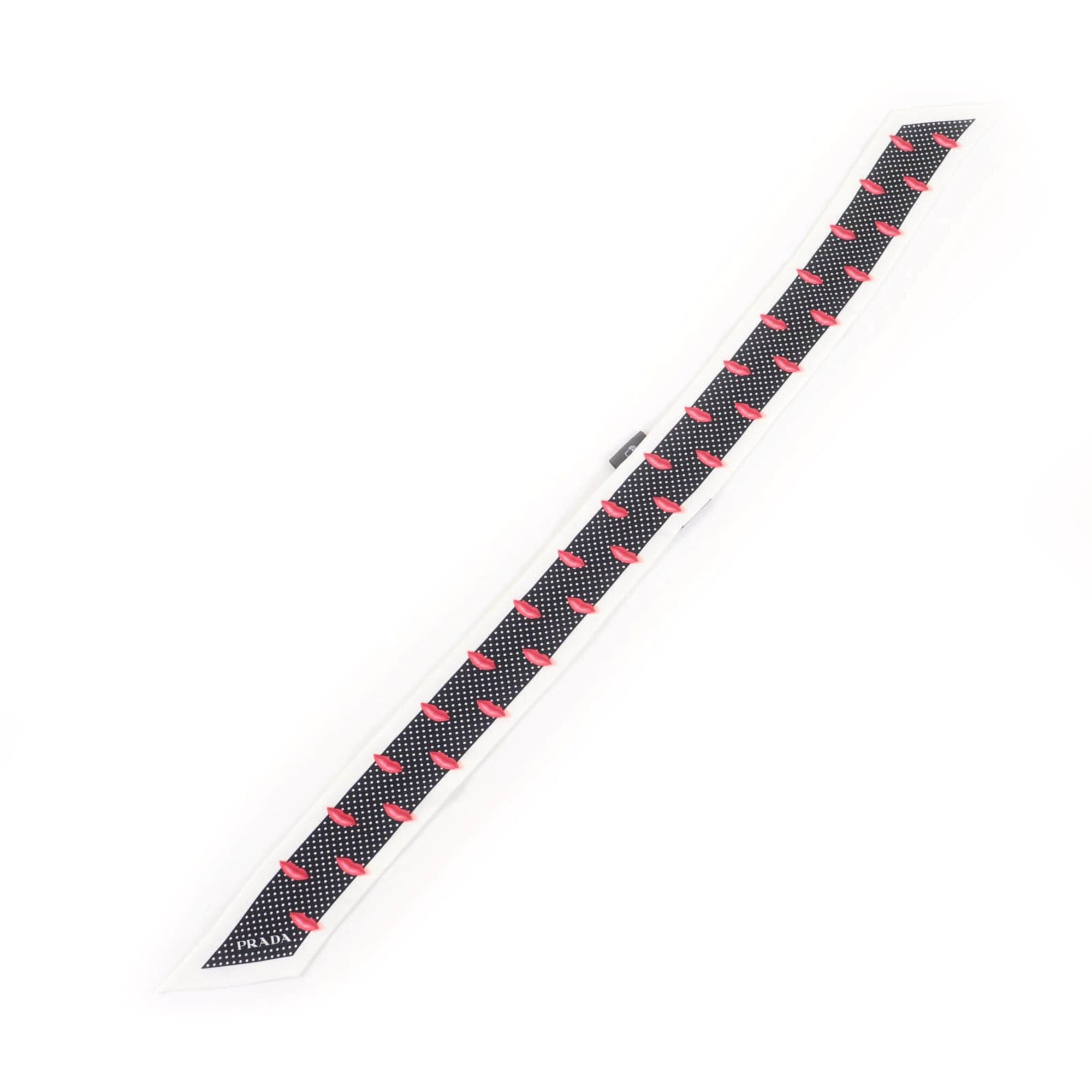 Prada PRADA 1FF008 Printed Silk Twill Skinny Scarf, 100% Silk, Lip Dot Pattern, White & Black, 850 x 60mm, with Box, Made in Italy, Authentic, Women's. Size ONE SIZE - 4 Thumbnail