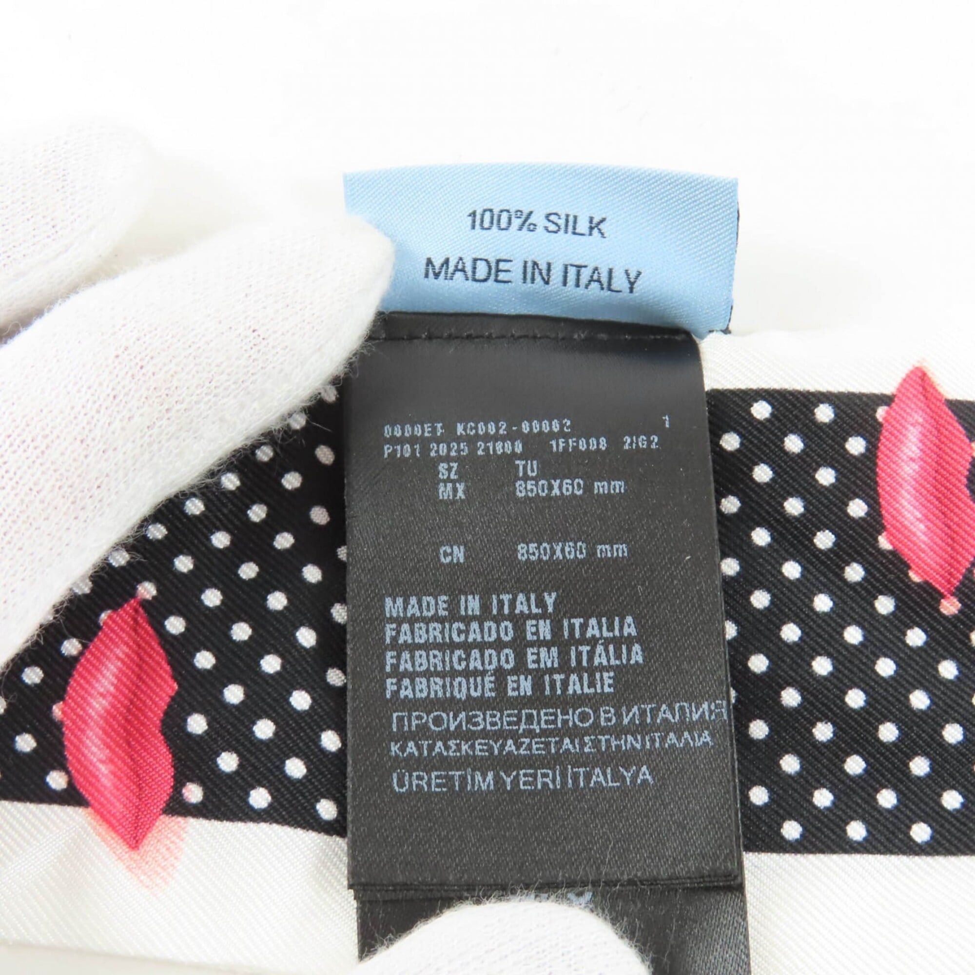 Prada PRADA 1FF008 Printed Silk Twill Skinny Scarf, 100% Silk, Lip Dot Pattern, White & Black, 850 x 60mm, with Box, Made in Italy, Authentic, Women's. Size ONE SIZE - 7 Thumbnail