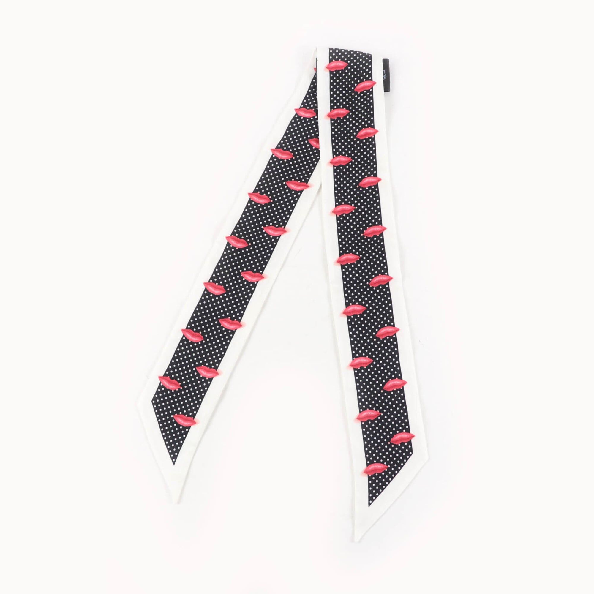 Prada PRADA 1FF008 Printed Silk Twill Skinny Scarf, 100% Silk, Lip Dot Pattern, White & Black, 850 x 60mm, with Box, Made in Italy, Authentic, Women's. Size ONE SIZE - 3 Thumbnail