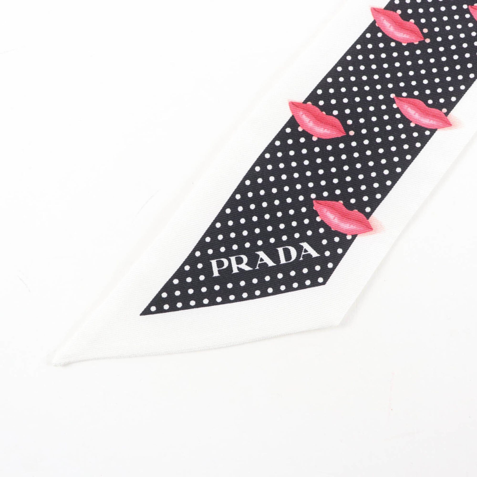 Prada PRADA 1FF008 Printed Silk Twill Skinny Scarf, 100% Silk, Lip Dot Pattern, White & Black, 850 x 60mm, with Box, Made in Italy, Authentic, Women's. Size ONE SIZE - 5 Thumbnail