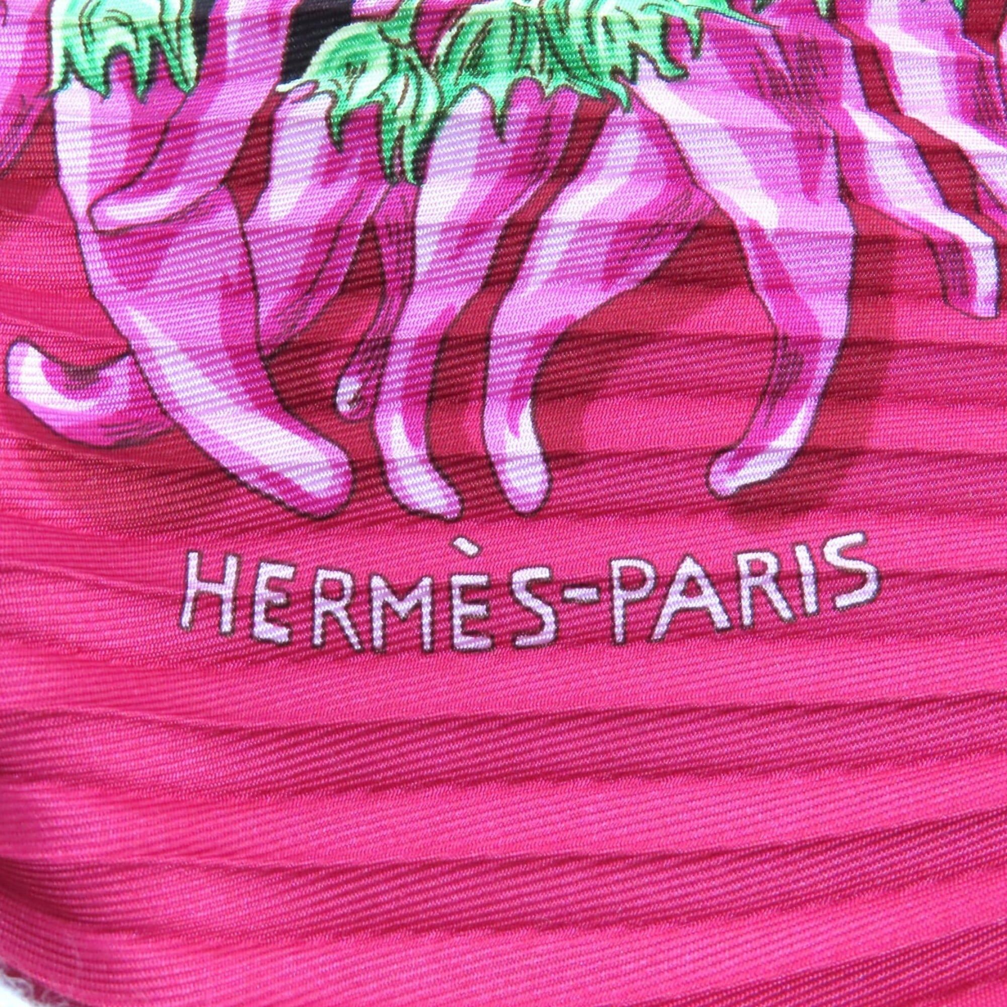 Hermes HERMES Pleated Carre AUXPAYS DES EPICES (Land of Spices) 100% Silk Magenta Scarf/Muffler with Box - Women's Size ONE SIZE - 6 Thumbnail