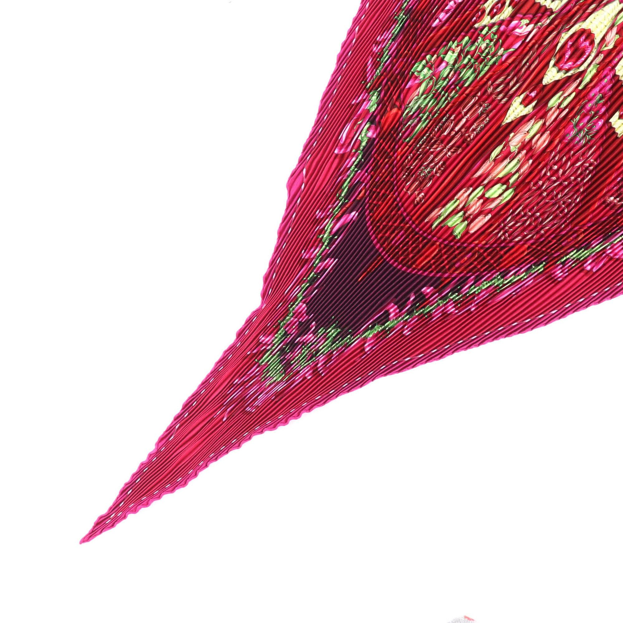 Hermes HERMES Pleated Carre AUXPAYS DES EPICES (Land of Spices) 100% Silk Magenta Scarf/Muffler with Box - Women's Size ONE SIZE - 5 Thumbnail