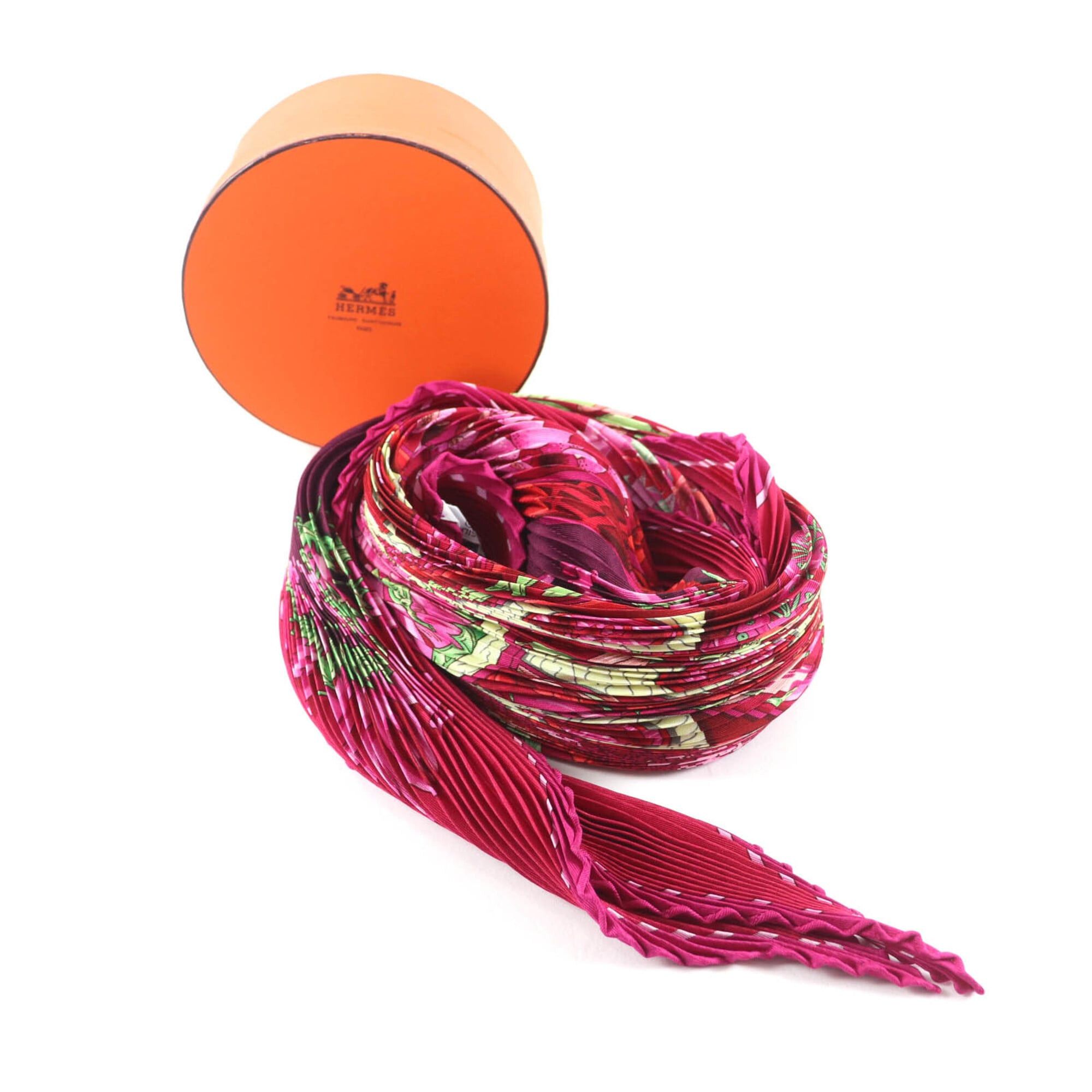Hermes HERMES Pleated Carre AUXPAYS DES EPICES (Land of Spices) 100% Silk Magenta Scarf/Muffler with Box - Women's Size ONE SIZE - 2 Thumbnail
