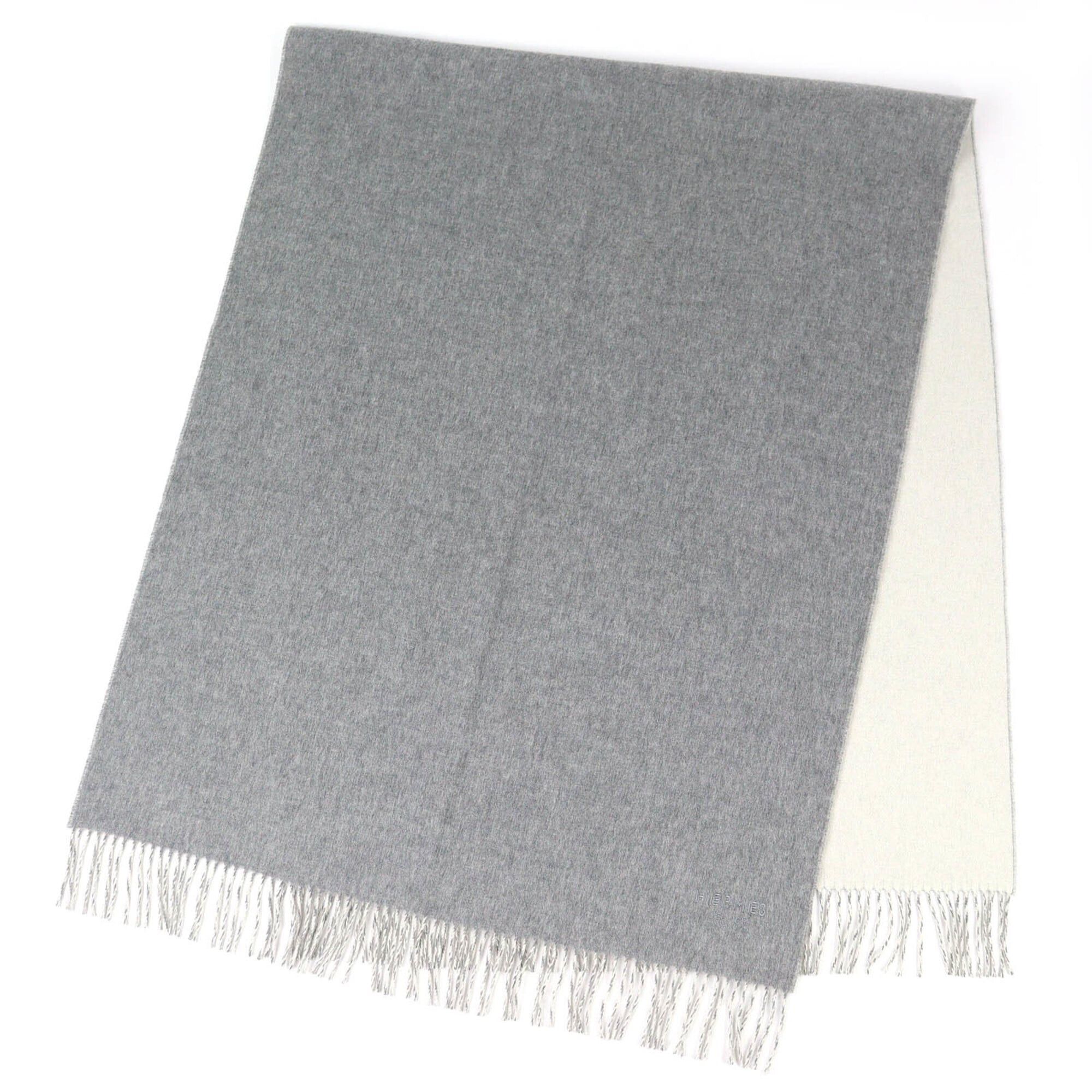 Hermes HERMES (H259130S) 100% Cashmere Logo Embroidered Double-Faced Fringe Scarf/Shawl, Grey, Made in England, Women's Size ONE SIZE - 2 Thumbnail