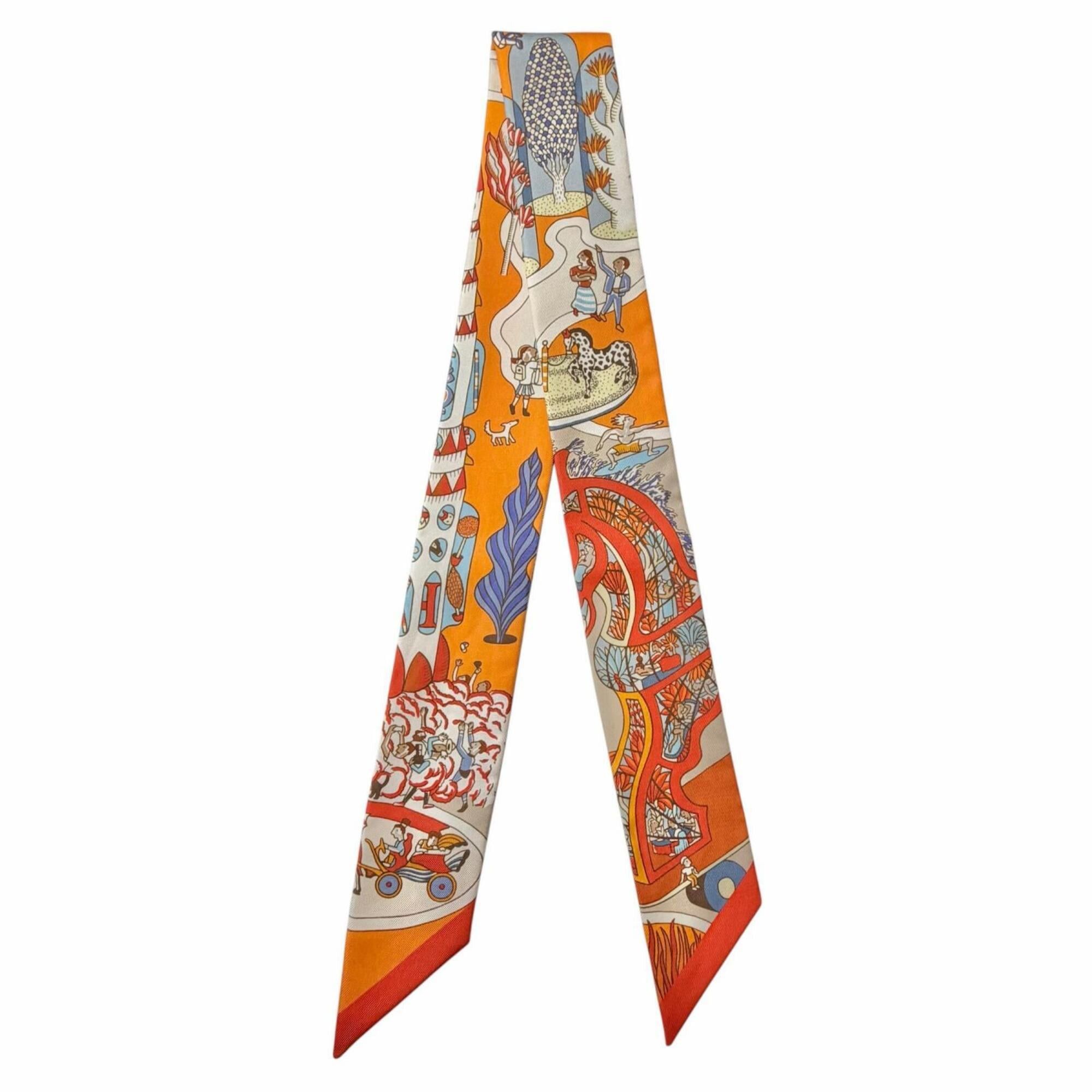 Hermes HERMES Twilly Exposition Universelle (World's Fair) 100% Silk Scarf/Muffler, Orange Multi, Made in France, Women's Size ONE SIZE - 2 Thumbnail