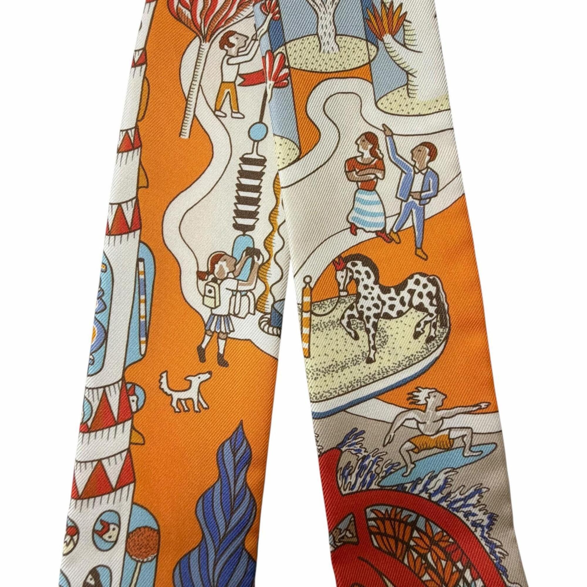 Hermes HERMES Twilly Exposition Universelle (World's Fair) 100% Silk Scarf/Muffler, Orange Multi, Made in France, Women's Size ONE SIZE - 3 Thumbnail