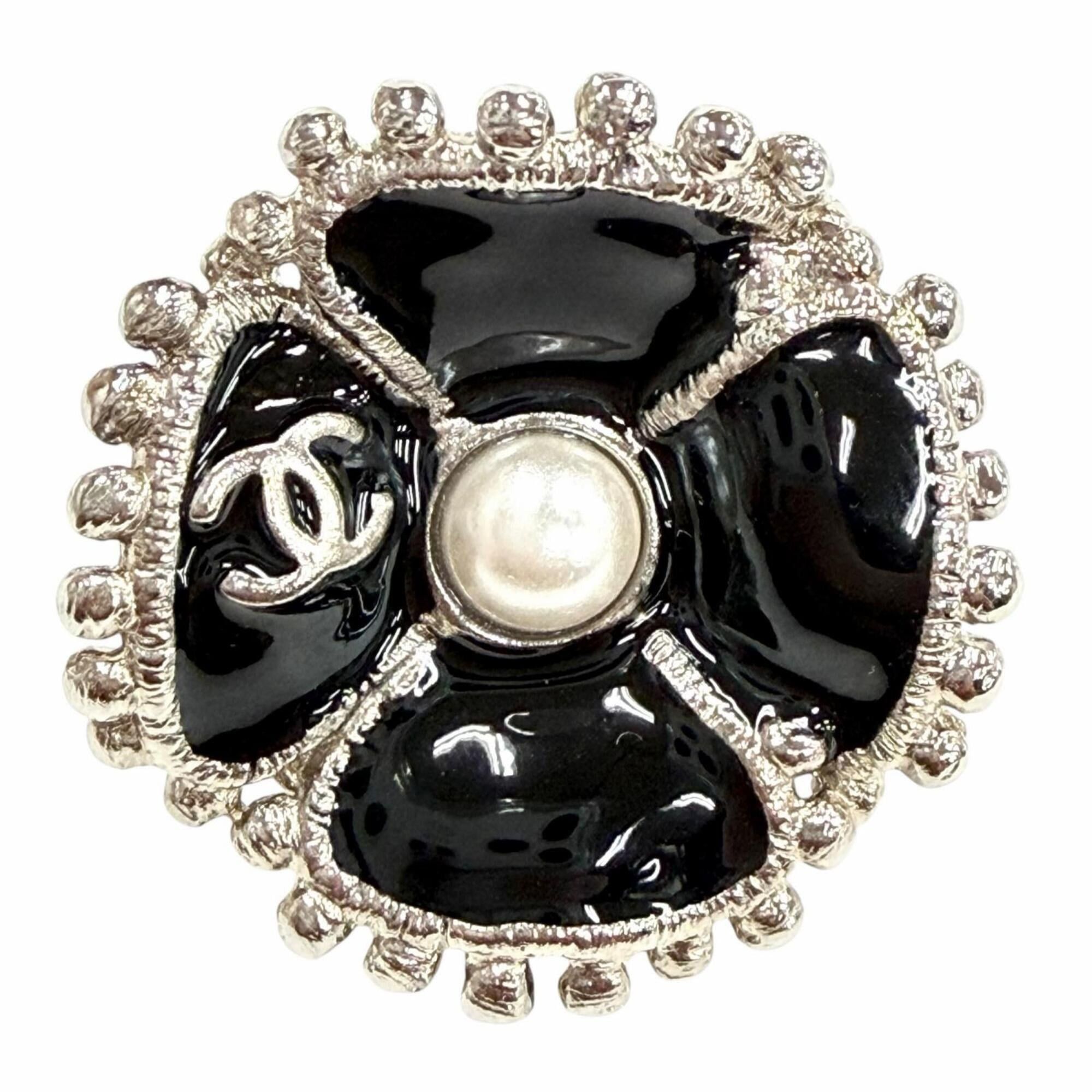Chanel CHANEL F23K ABC214 Camellia Pearl Coco Mark Earrings, Pair, Black with Silver Hardware, Made in France, Women's Size ONE SIZE - 5 Thumbnail