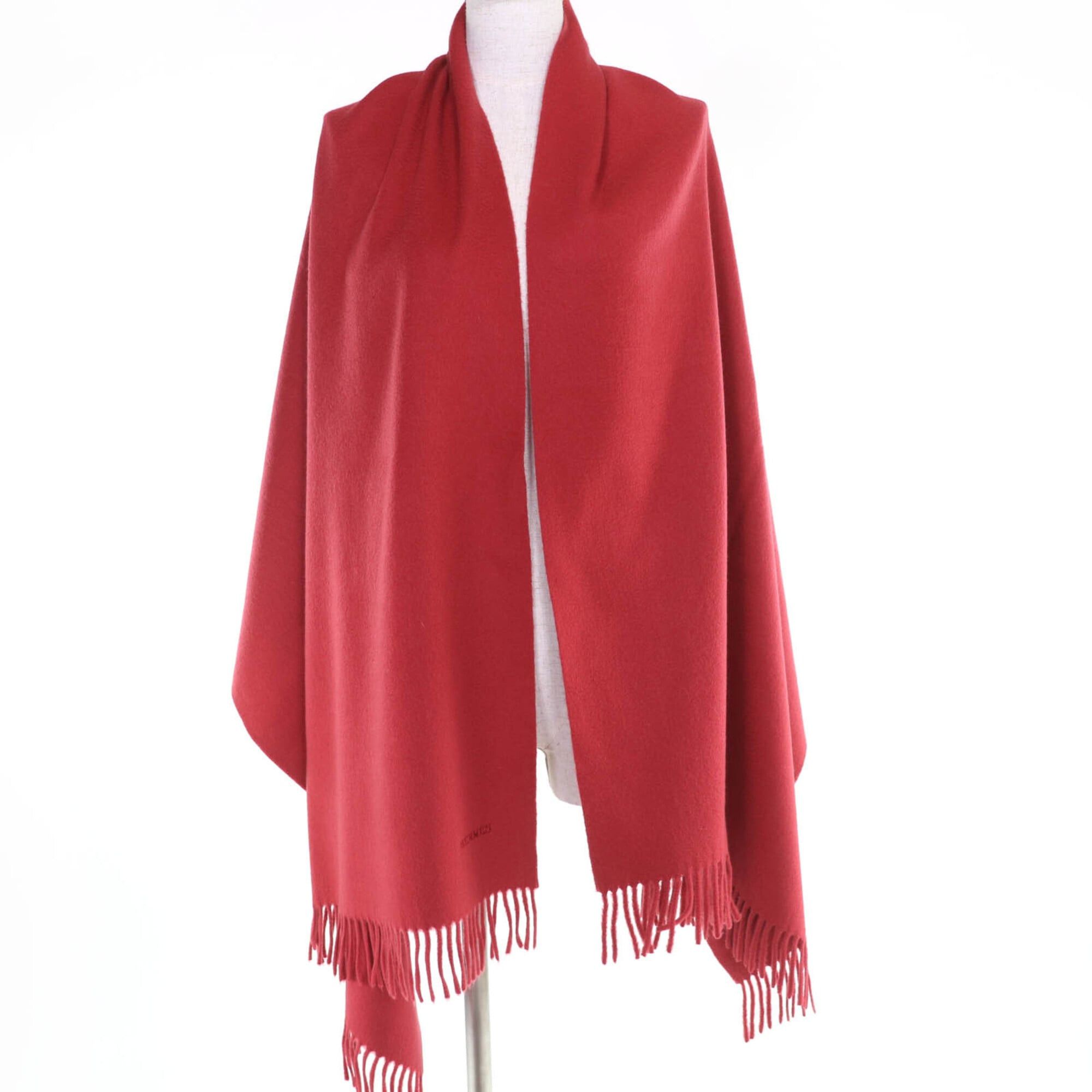 Hermes HERMES 100% Cashmere Logo Embroidered Fringe Large Stole/Scarf, Red, Made in Scotland, Women's Size ONE SIZE - 3 Thumbnail