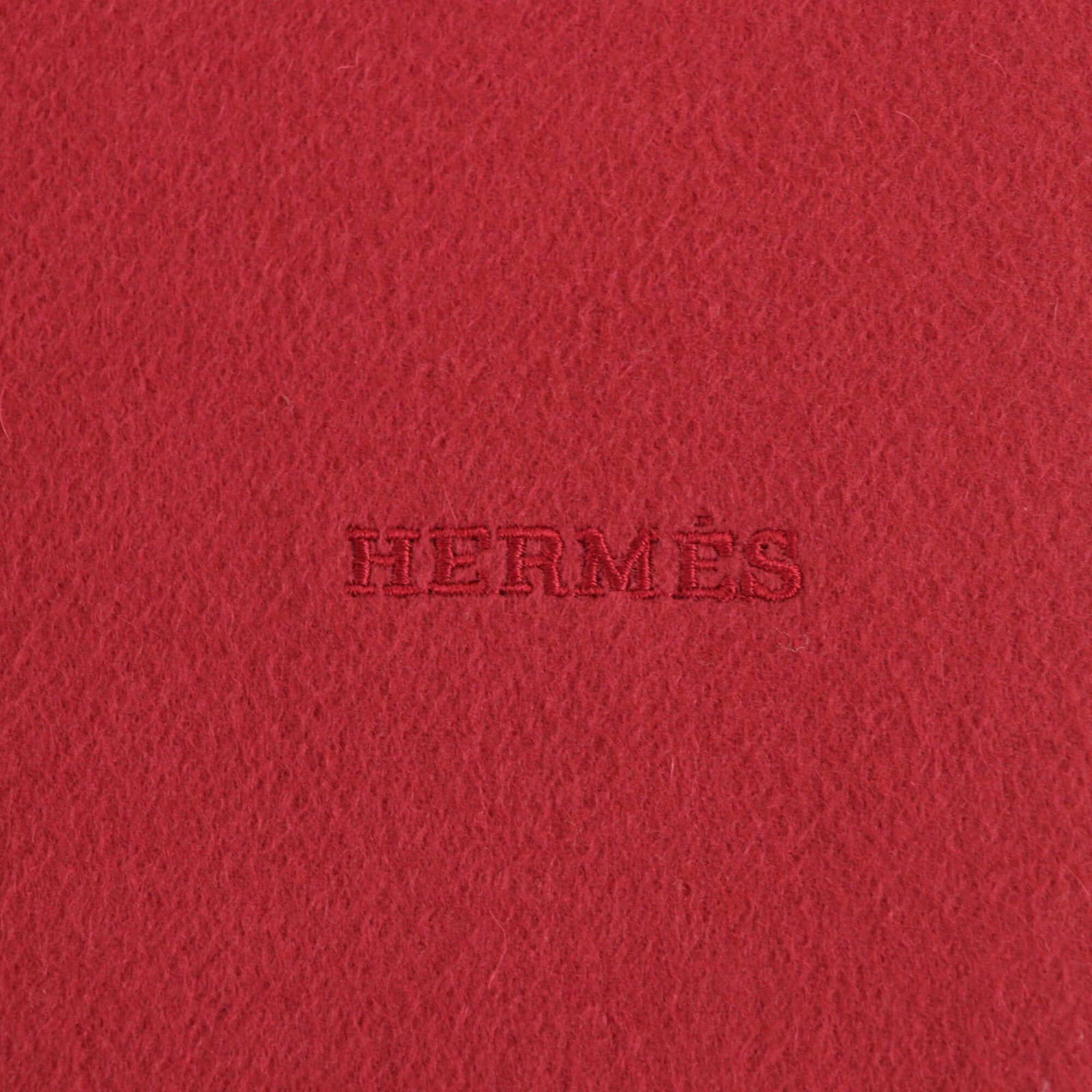 Hermes HERMES 100% Cashmere Logo Embroidered Fringe Large Stole/Scarf, Red, Made in Scotland, Women's Size ONE SIZE - 6 Thumbnail