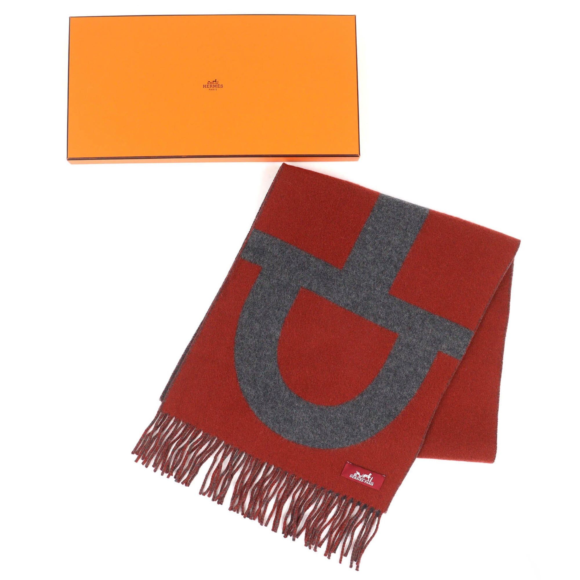 Hermes HERMES Grand Mall 100% Cashmere Fringe Scarf, Bi-color Brown & Gray, with Box, Made in England, Men's Women's. Size ONE SIZE - 2 Thumbnail