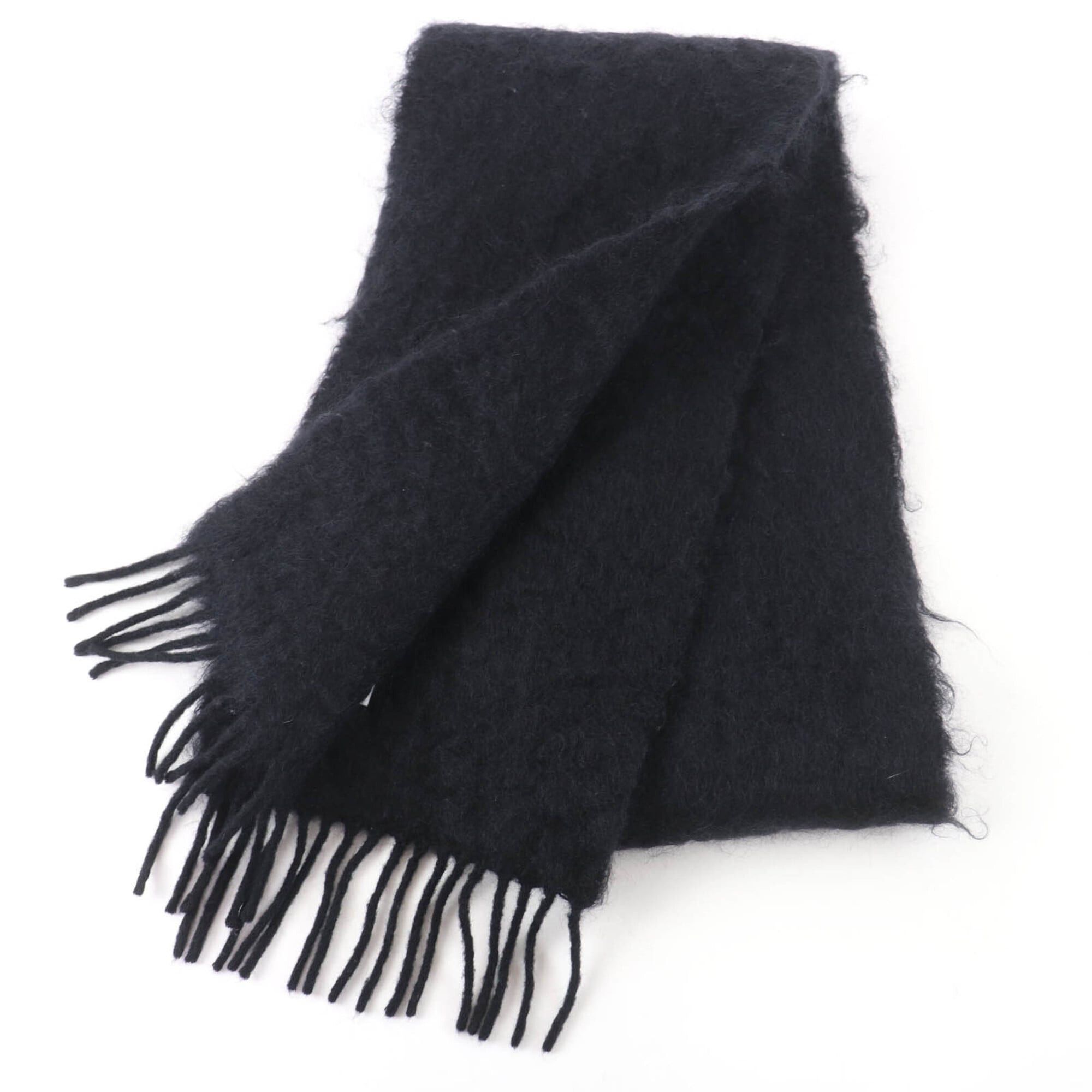 Loewe LOEWE Mohair Wool Anagram Leather Patch Fringe Scarf, Black, Made in Spain, Authentic, Women's Size ONE SIZE - 2 Thumbnail