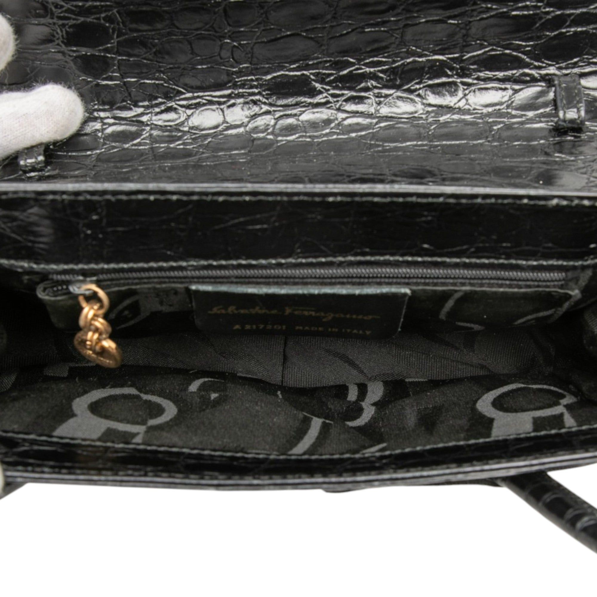 Salvatore Ferragamo Croc Embossed Vara Bow Top Handle Bag Size ONE SIZE - 4 Thumbnail
