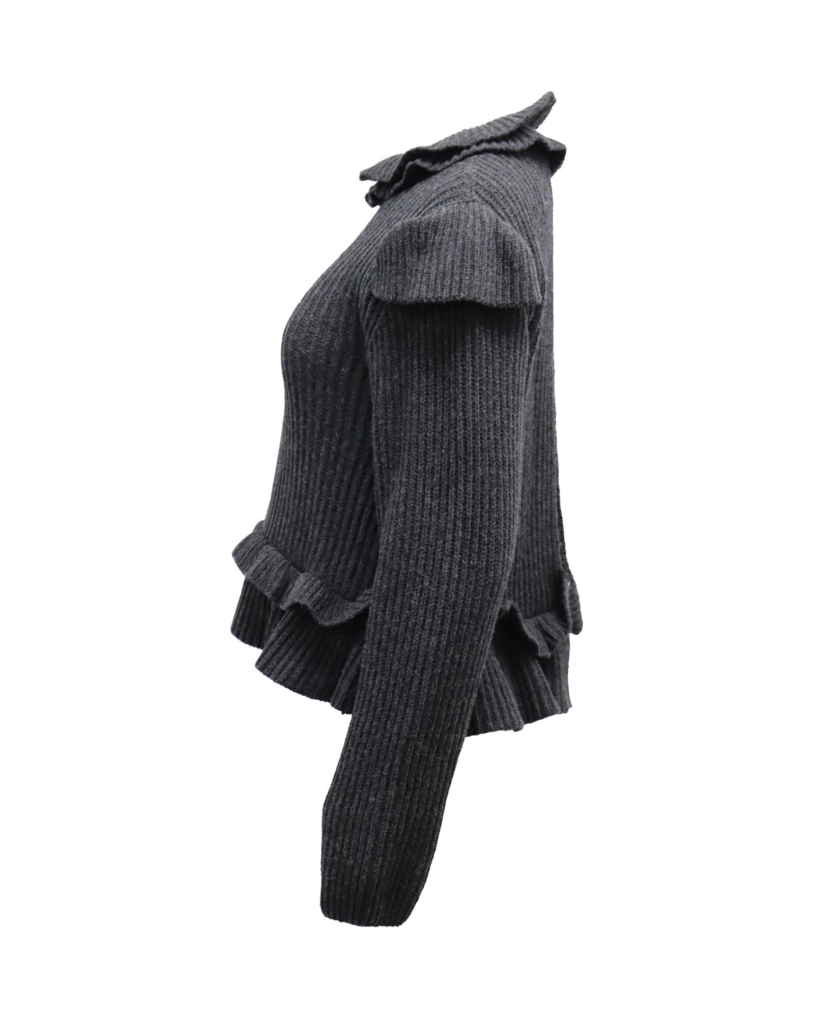 Ganni Ganni Cut-out Ruffled Ribbed Sweater in Grey Wool Size S / US 4 / IT 40 - 2 Thumbnail