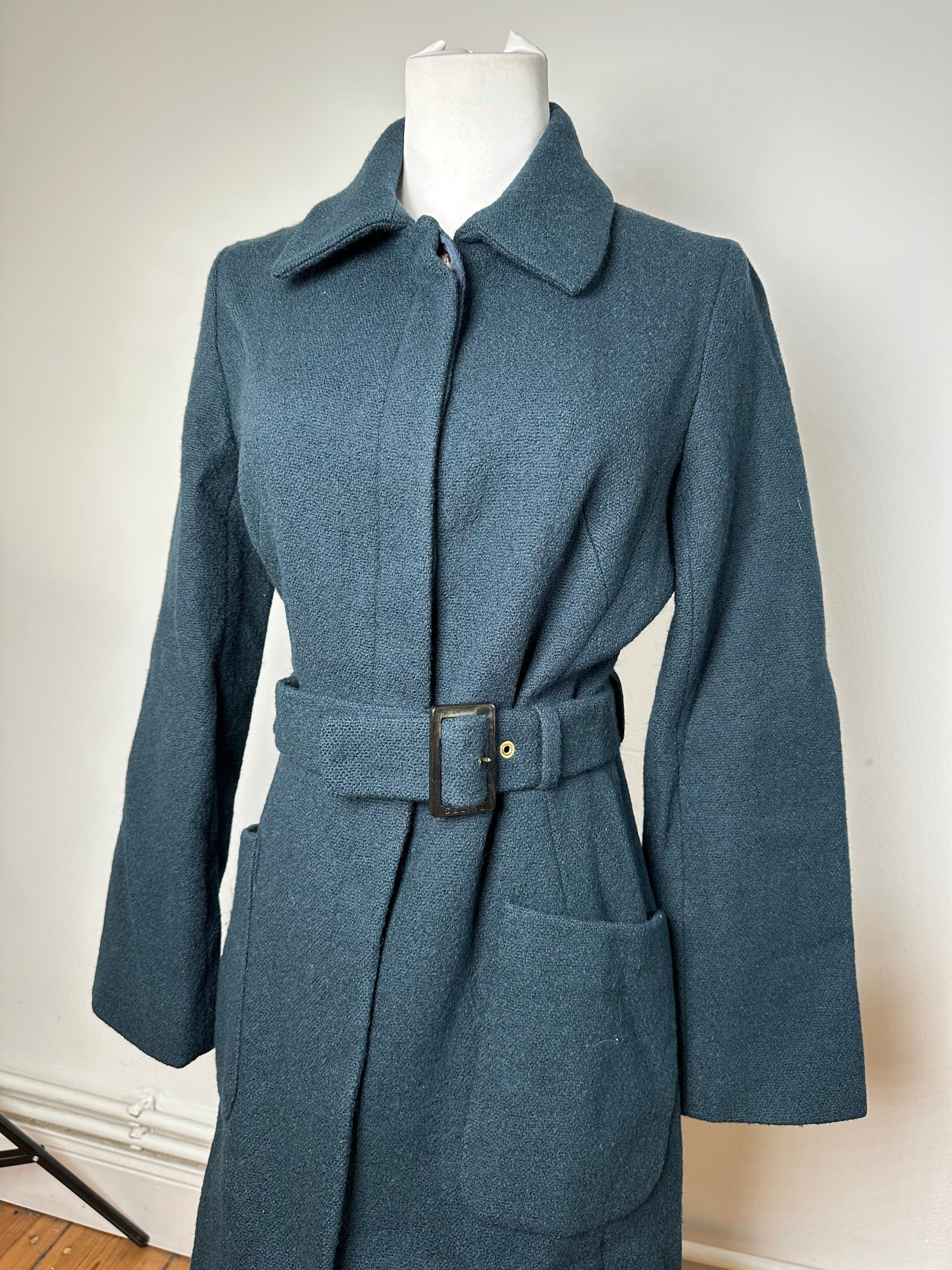 Celine Vintage Paris Wool Single Breasted Belted Trench Coat Teal S Size S / US 4 / IT 40 - 13 Thumbnail