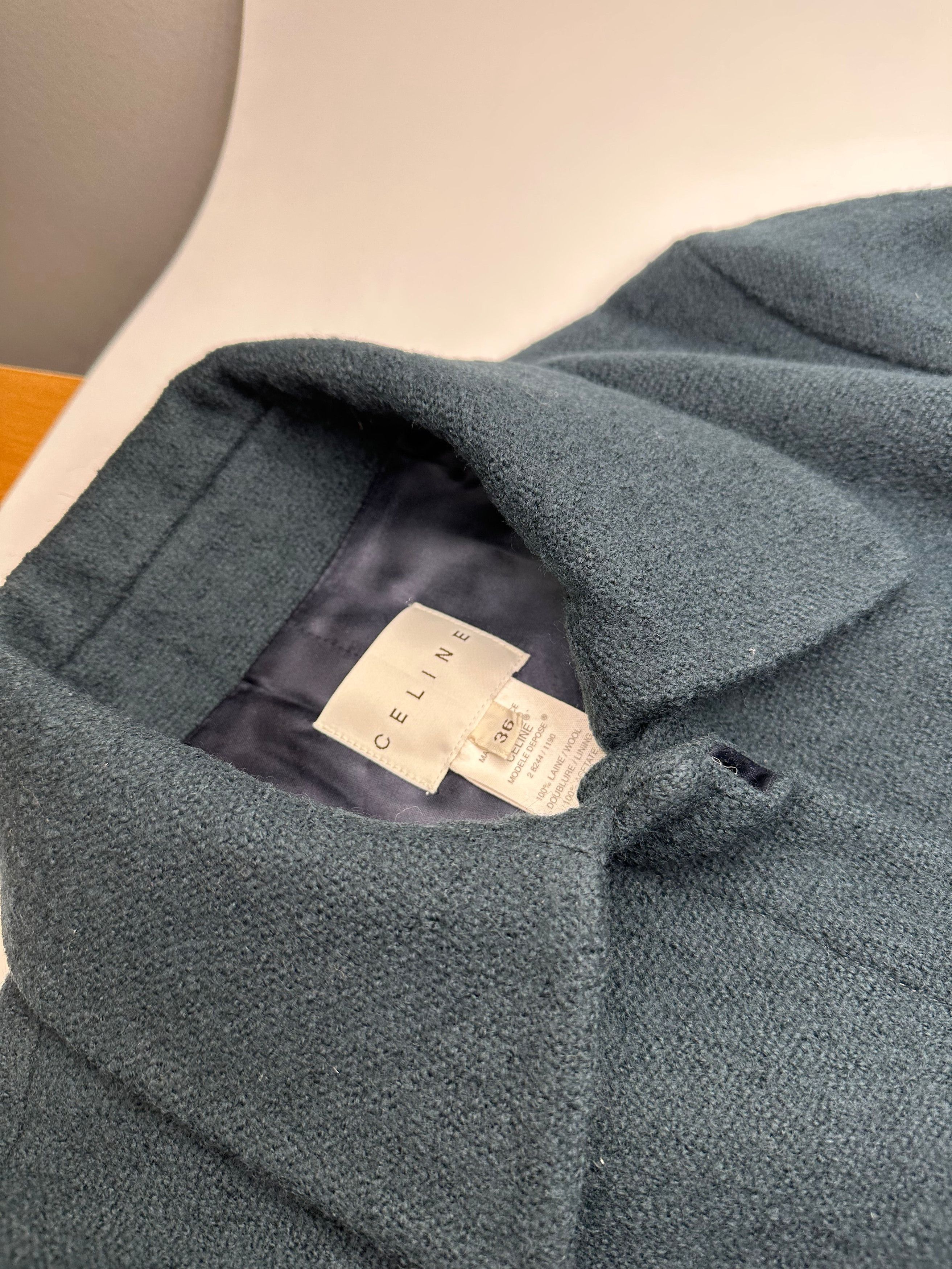 Celine Vintage Paris Wool Single Breasted Belted Trench Coat Teal S Size S / US 4 / IT 40 - 7 Thumbnail