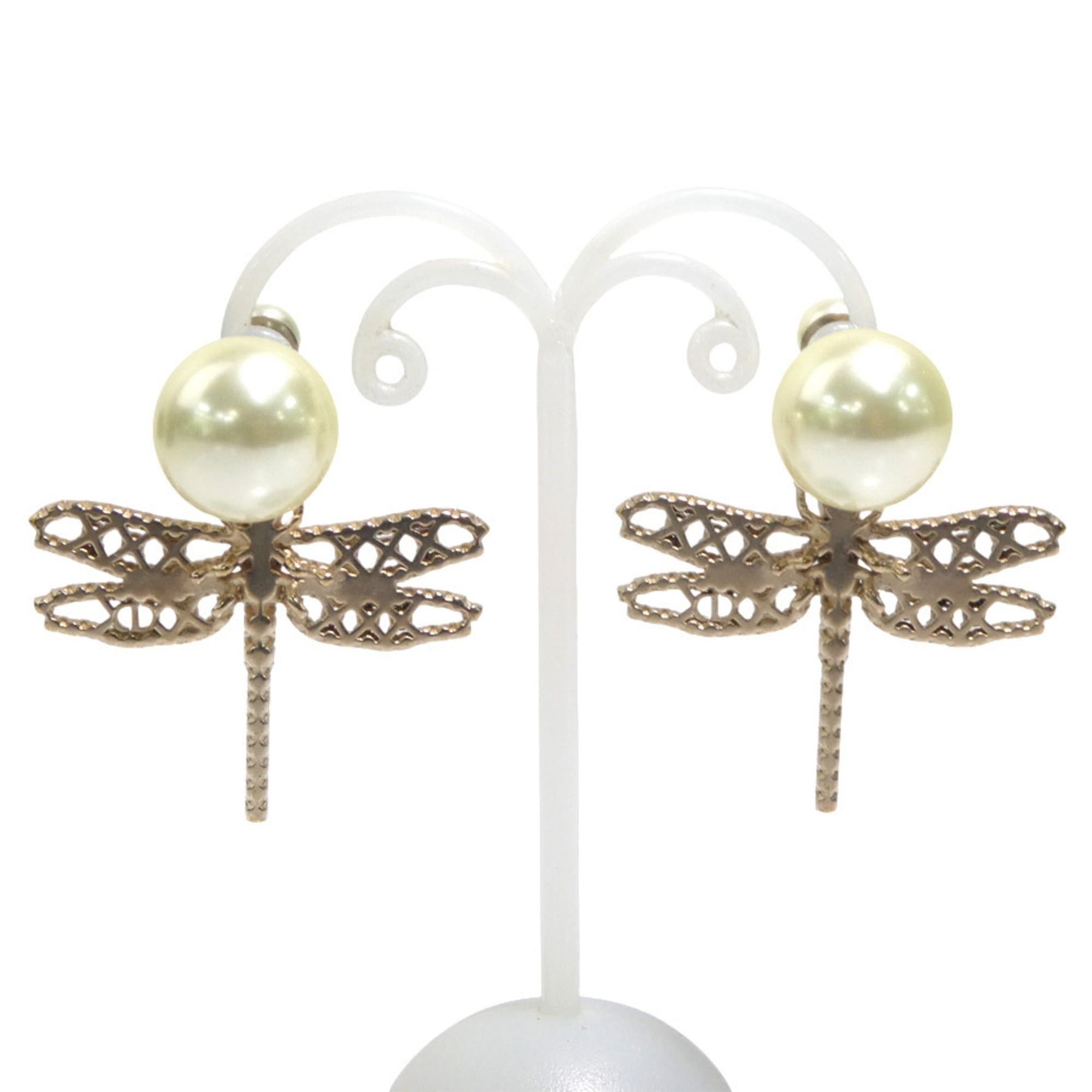 Dior Christian Dior earrings, dragonfly design, metal, faux pearl, gold, off-white, silver, women's, free shipping, e61798a Size ONE SIZE - 2 Thumbnail