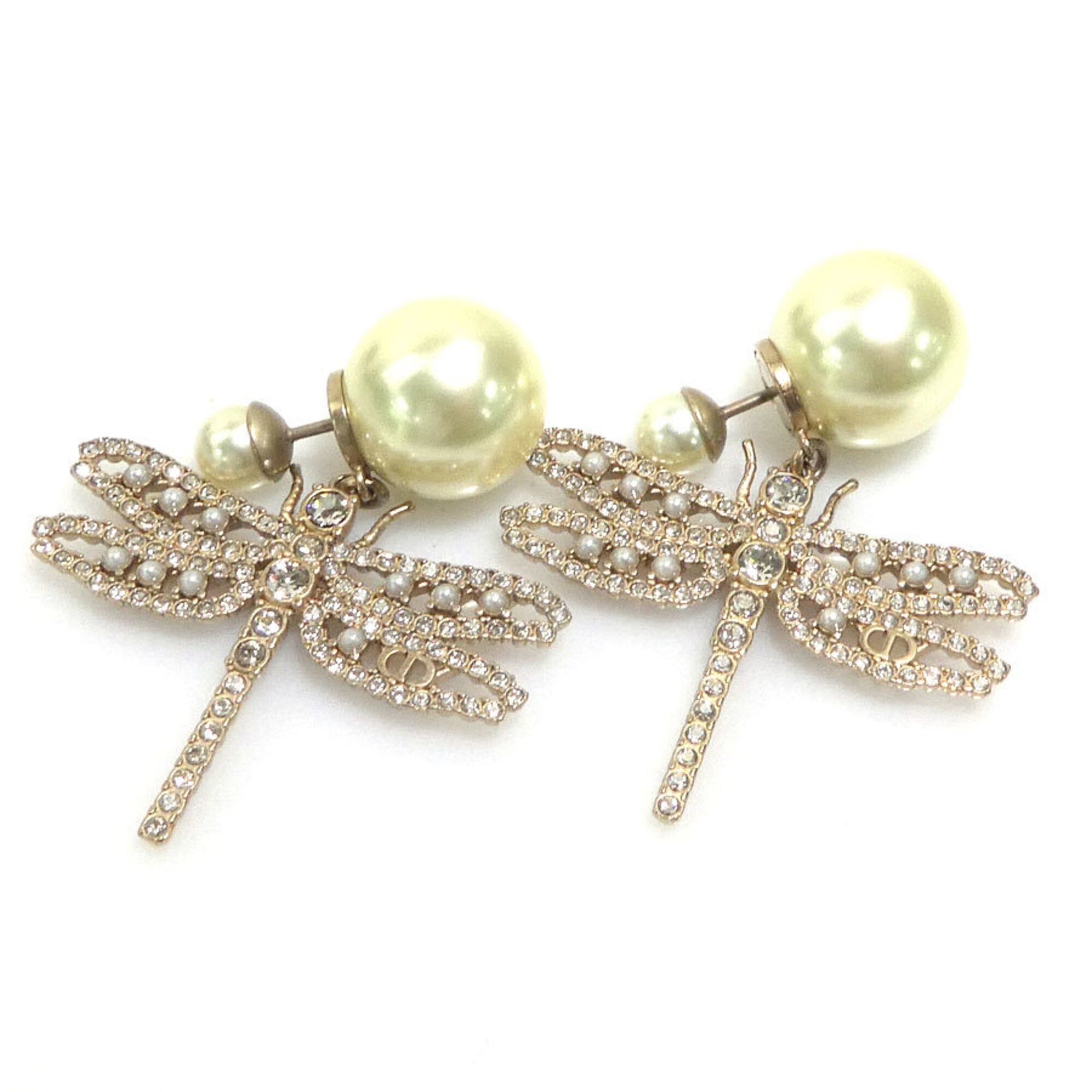 Dior Christian Dior earrings, dragonfly design, metal, faux pearl, gold, off-white, silver, women's, free shipping, e61798a Size ONE SIZE - 3 Thumbnail