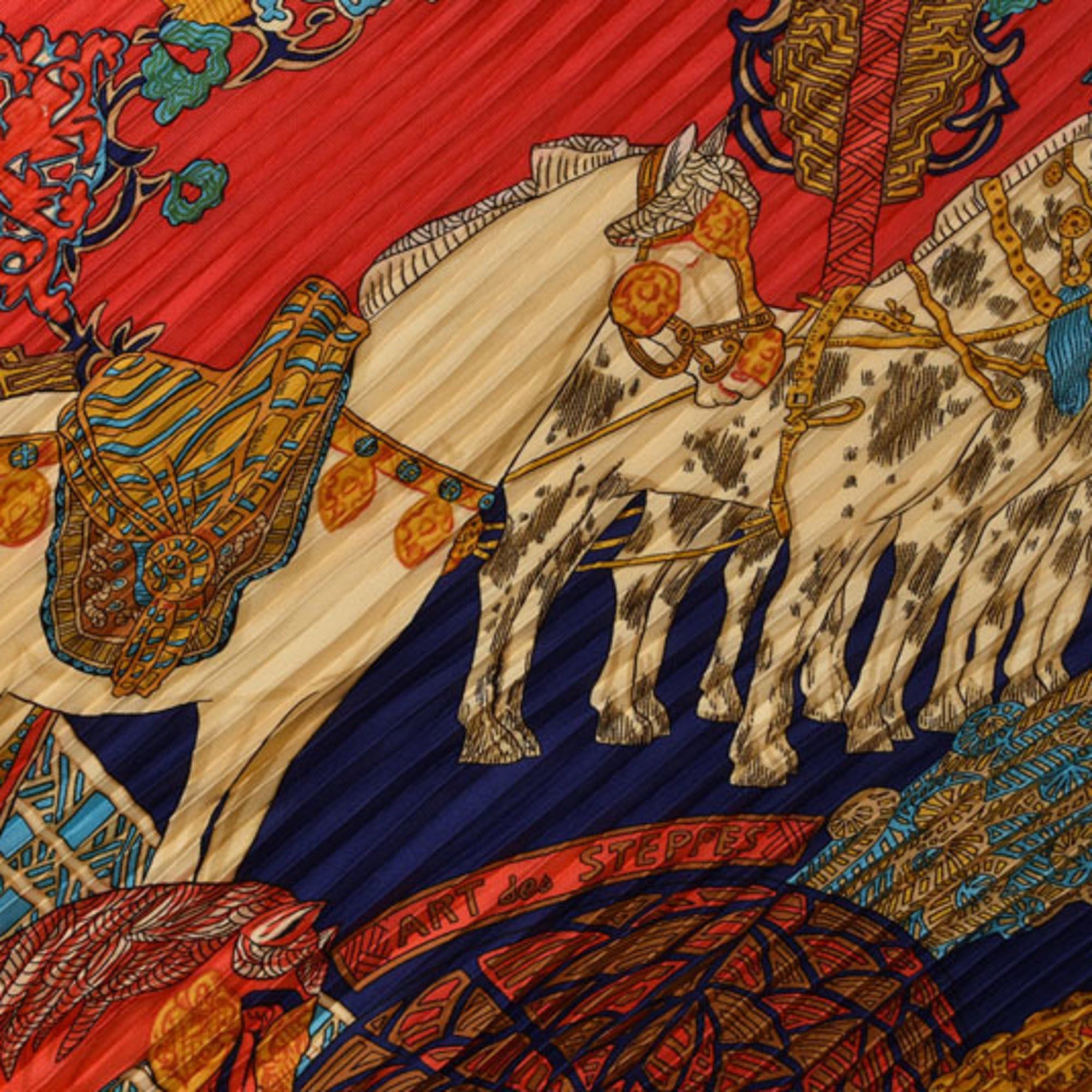 Hermes Hermes Pleated Carre Scarf, HERMES Shawl, Muffler, Diamond Shape, Silk Twill, Navy Red Multi Size ONE SIZE - 6 Thumbnail