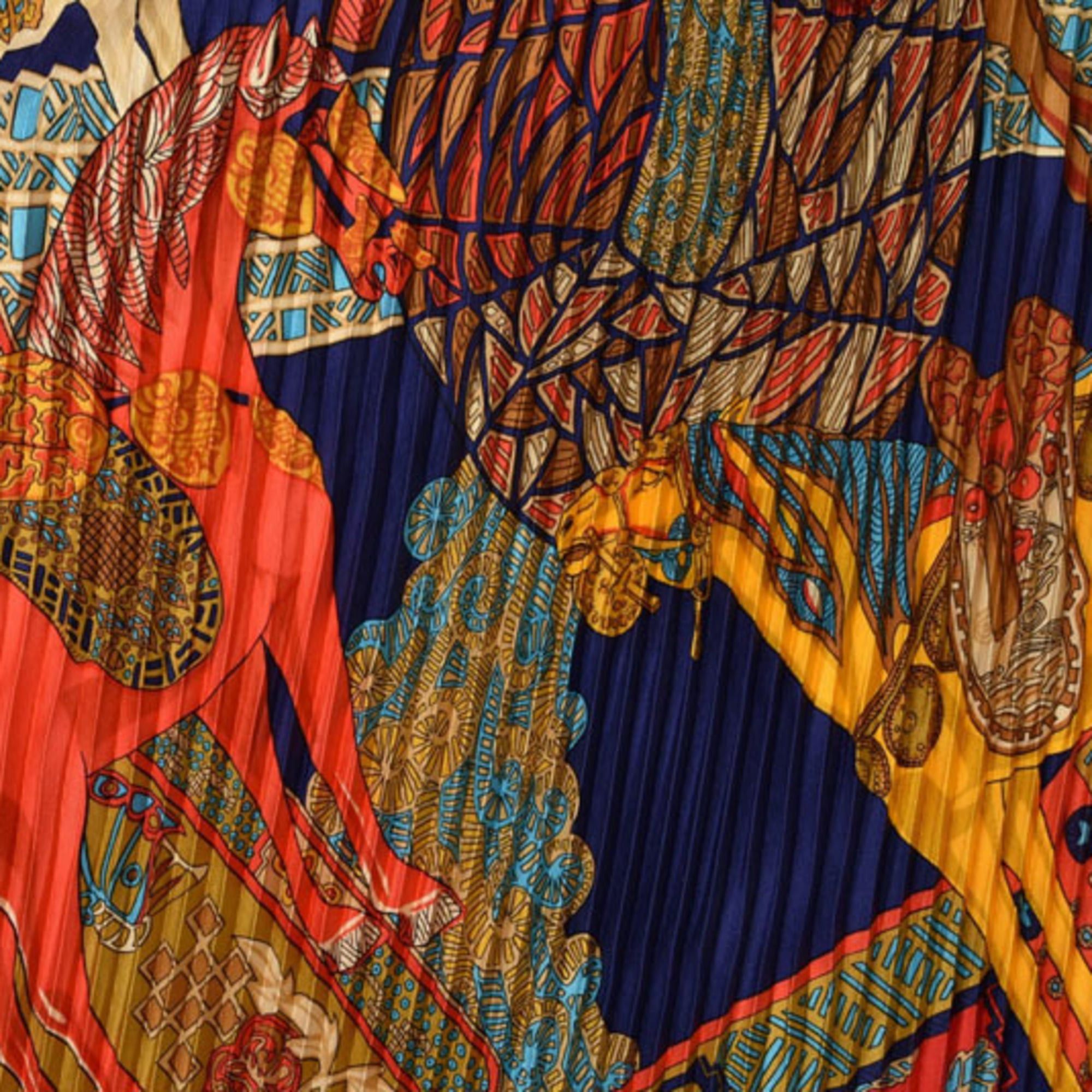 Hermes Hermes Pleated Carre Scarf, HERMES Shawl, Muffler, Diamond Shape, Silk Twill, Navy Red Multi Size ONE SIZE - 5 Thumbnail