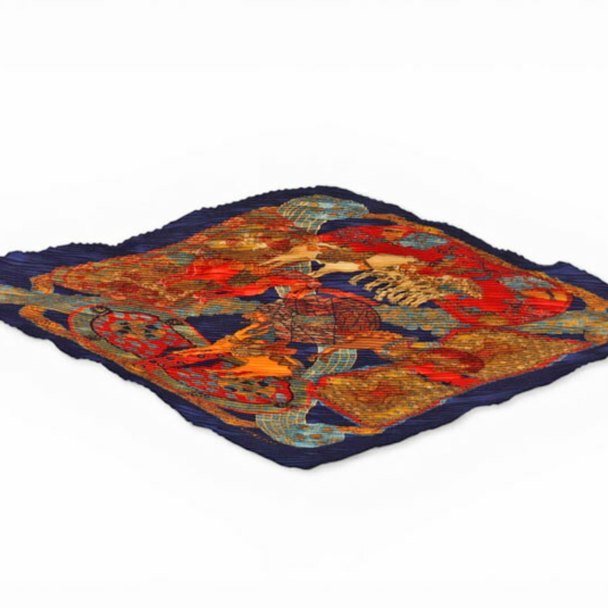 Hermes Hermes Pleated Carre Scarf, HERMES Shawl, Muffler, Diamond Shape, Silk Twill, Navy Red Multi Size ONE SIZE - 9 Thumbnail