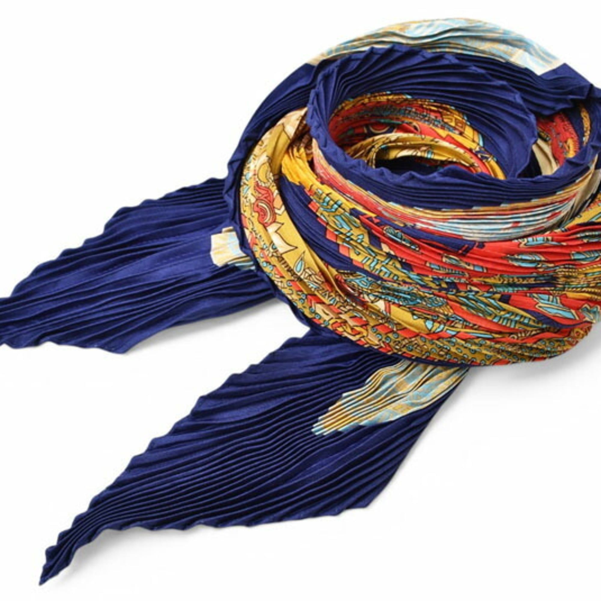 Hermes Hermes Pleated Carre Scarf, HERMES Shawl, Muffler, Diamond Shape, Silk Twill, Navy Red Multi Size ONE SIZE - 2 Thumbnail