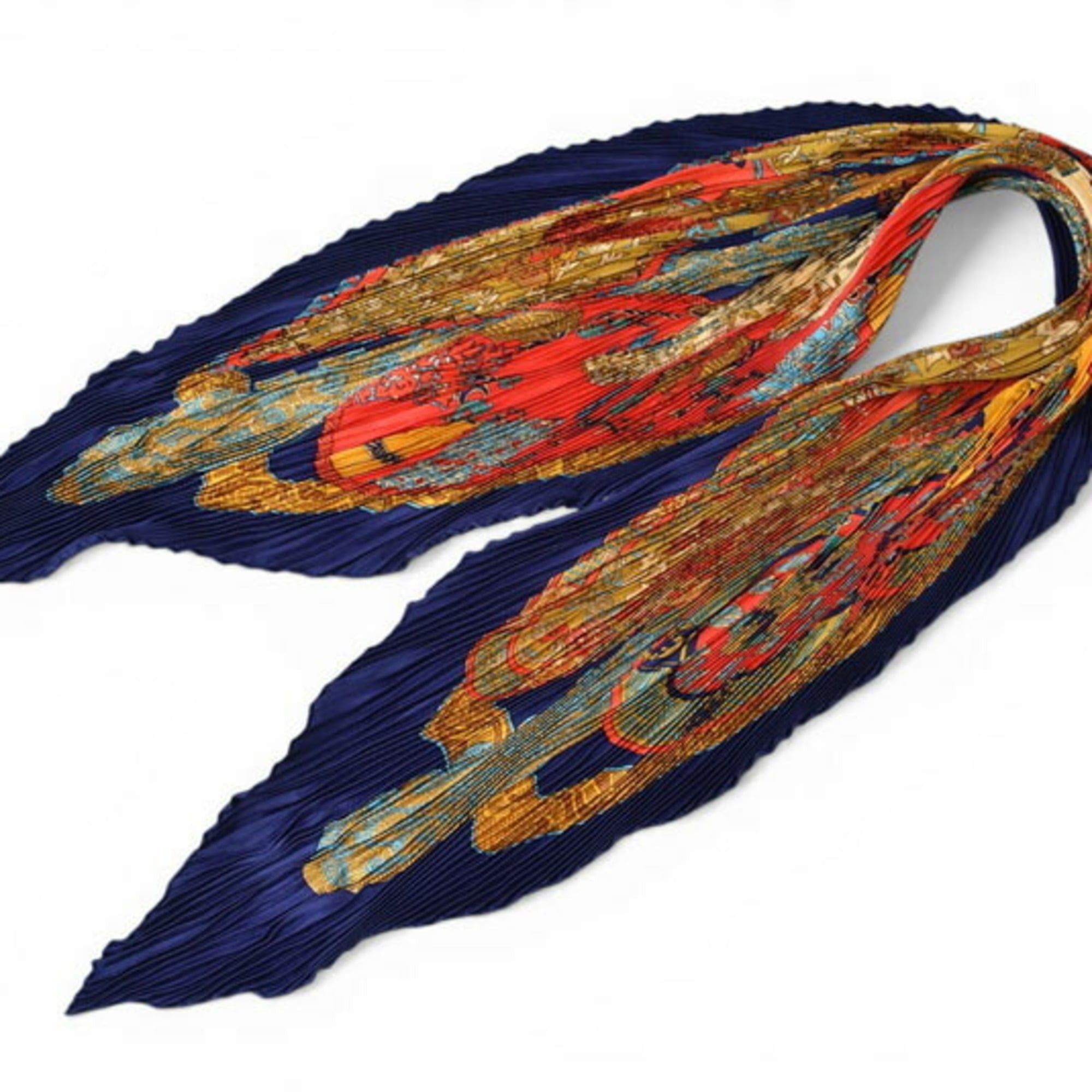 Hermes Hermes Pleated Carre Scarf, HERMES Shawl, Muffler, Diamond Shape, Silk Twill, Navy Red Multi Size ONE SIZE - 4 Thumbnail