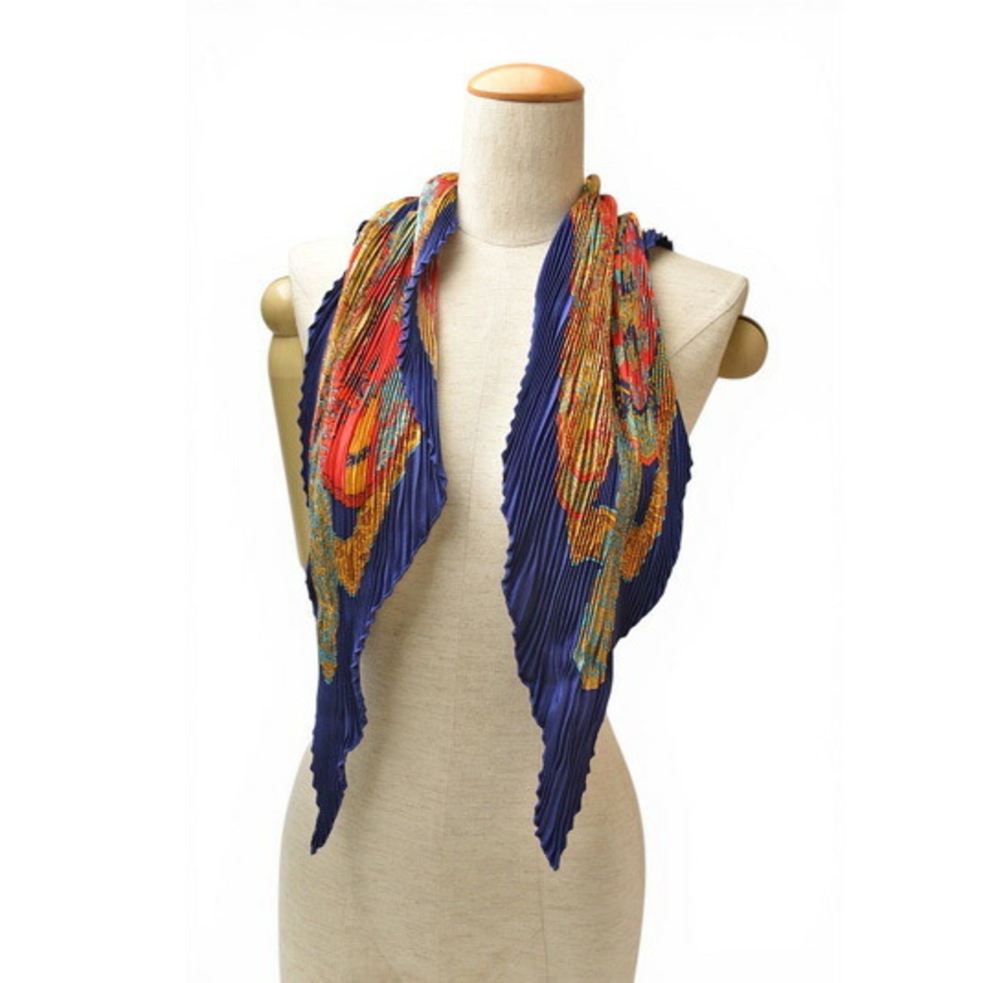 Hermes Hermes Pleated Carre Scarf, HERMES Shawl, Muffler, Diamond Shape, Silk Twill, Navy Red Multi Size ONE SIZE - 8 Thumbnail
