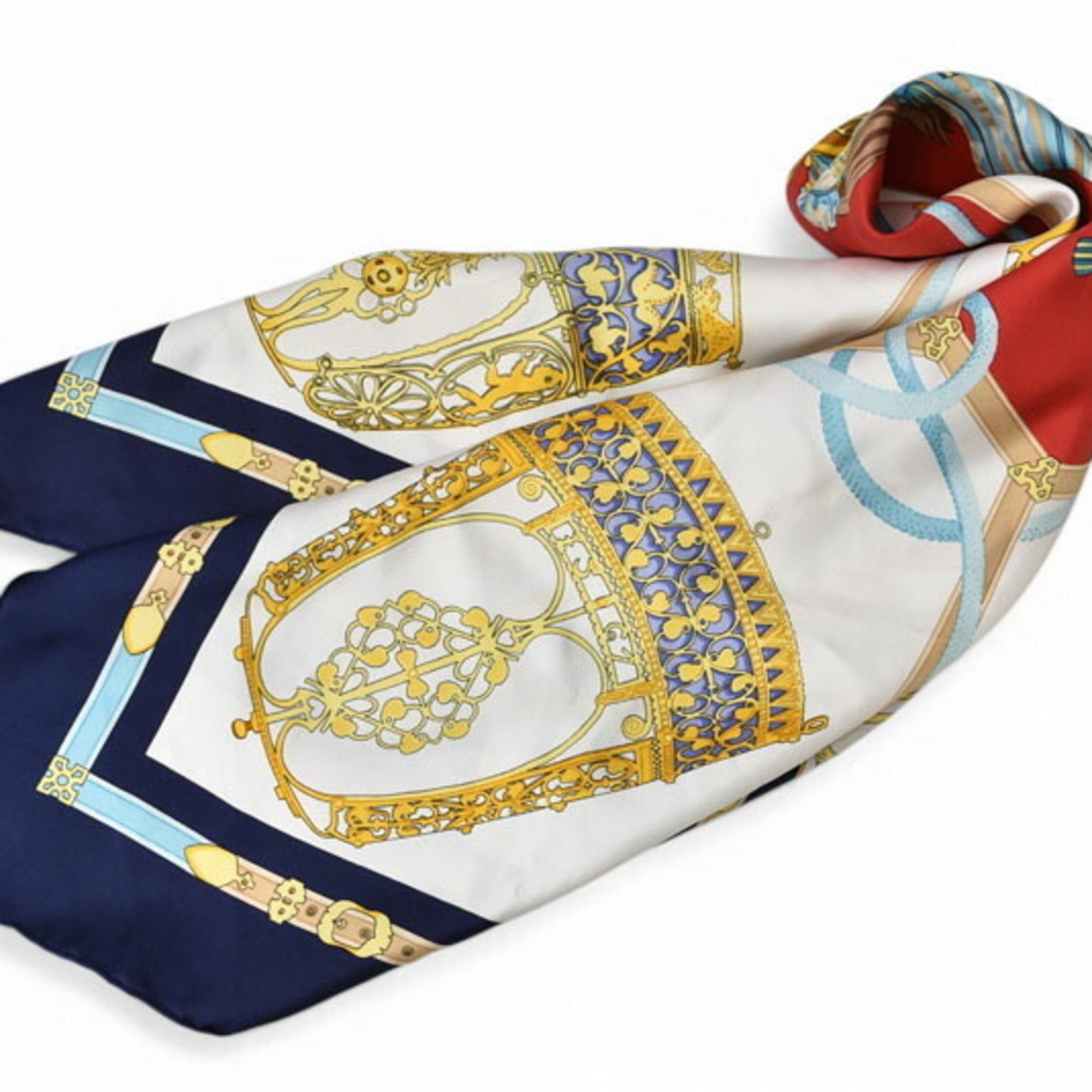 Hermes Hermes scarf/muffler, Carre 90, LES MUSEROLLES, 100% silk, navy and white. Size ONE SIZE - 8 Thumbnail