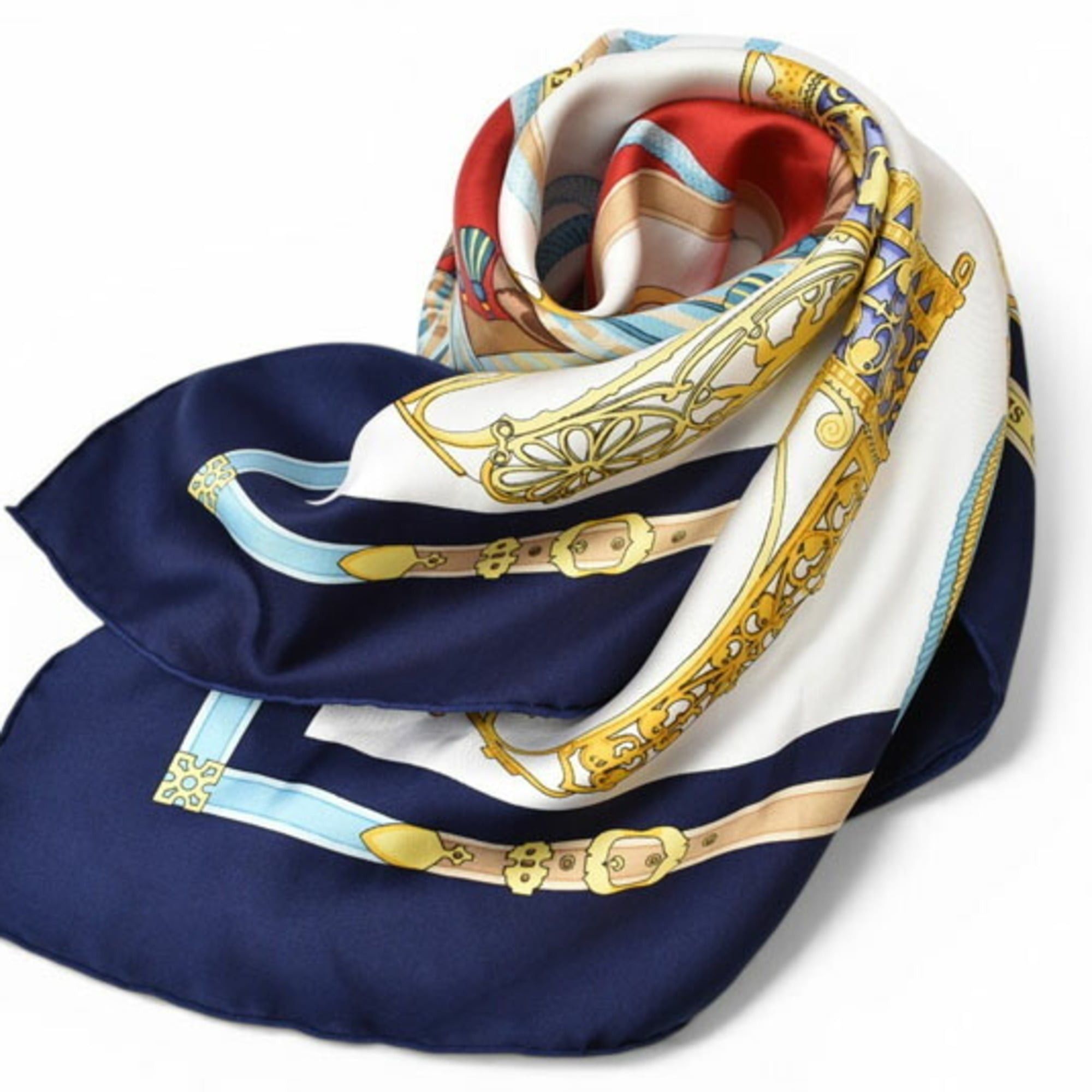 Hermes Hermes scarf/muffler, Carre 90, LES MUSEROLLES, 100% silk, navy and white. Size ONE SIZE - 3 Thumbnail