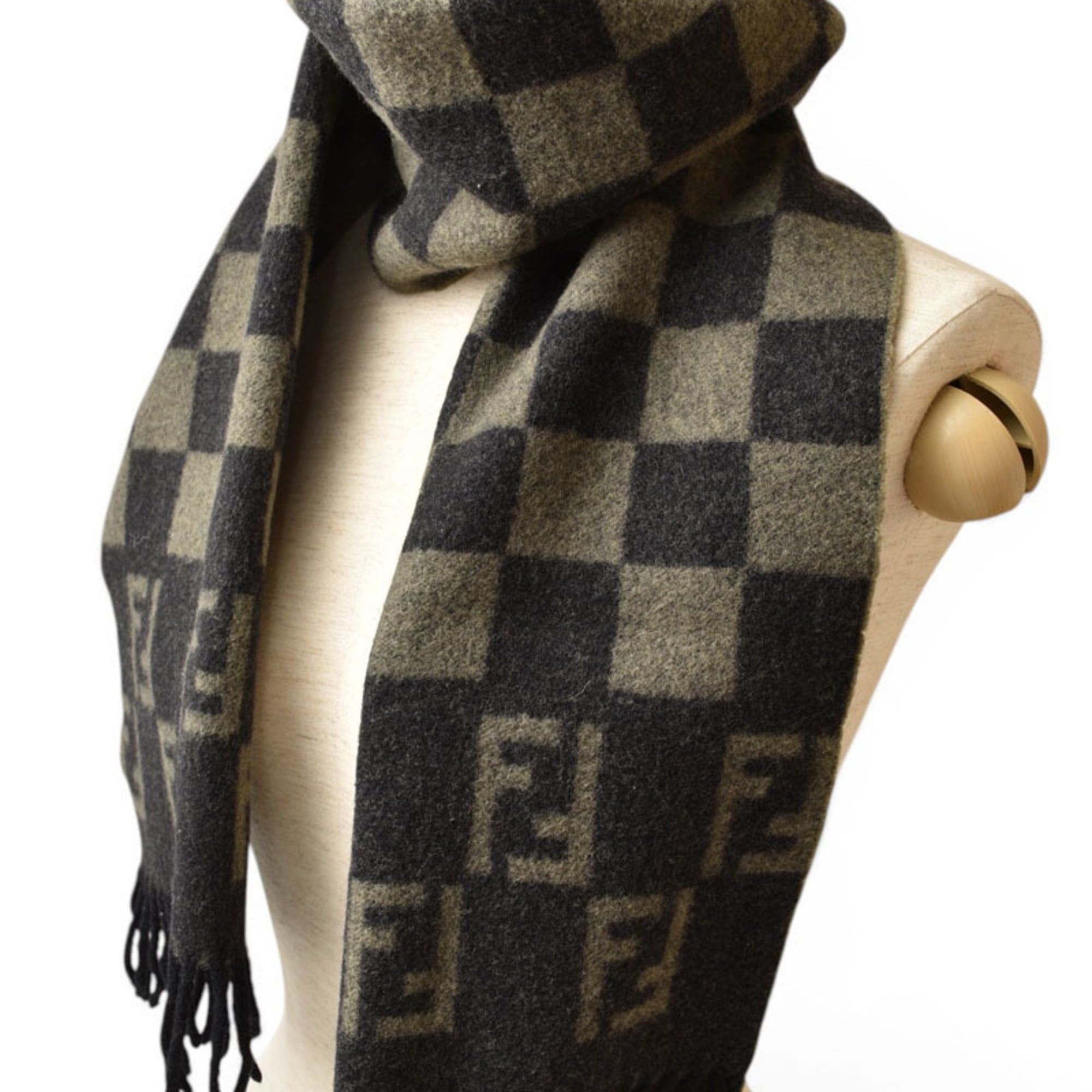 Fendi Fendi Scarf, Winter Reversible, 100% Wool, FF Zucca Pattern Check, Black/Gray Size ONE SIZE - 5 Thumbnail