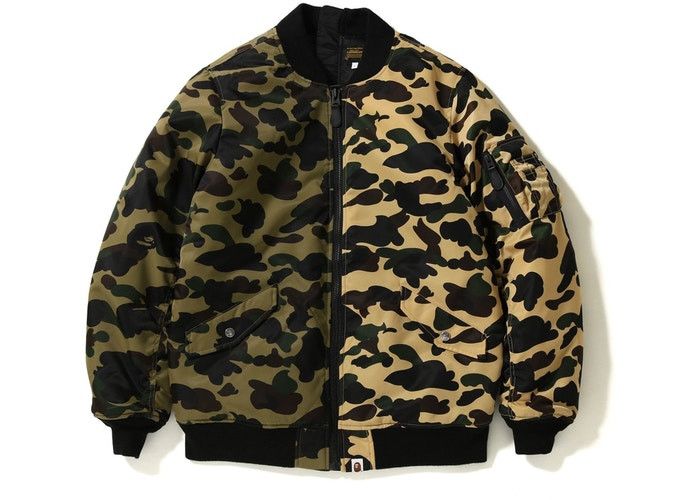 Bape Bape 1st camo MA-1 Bomber Jacket half green yellow | Grailed