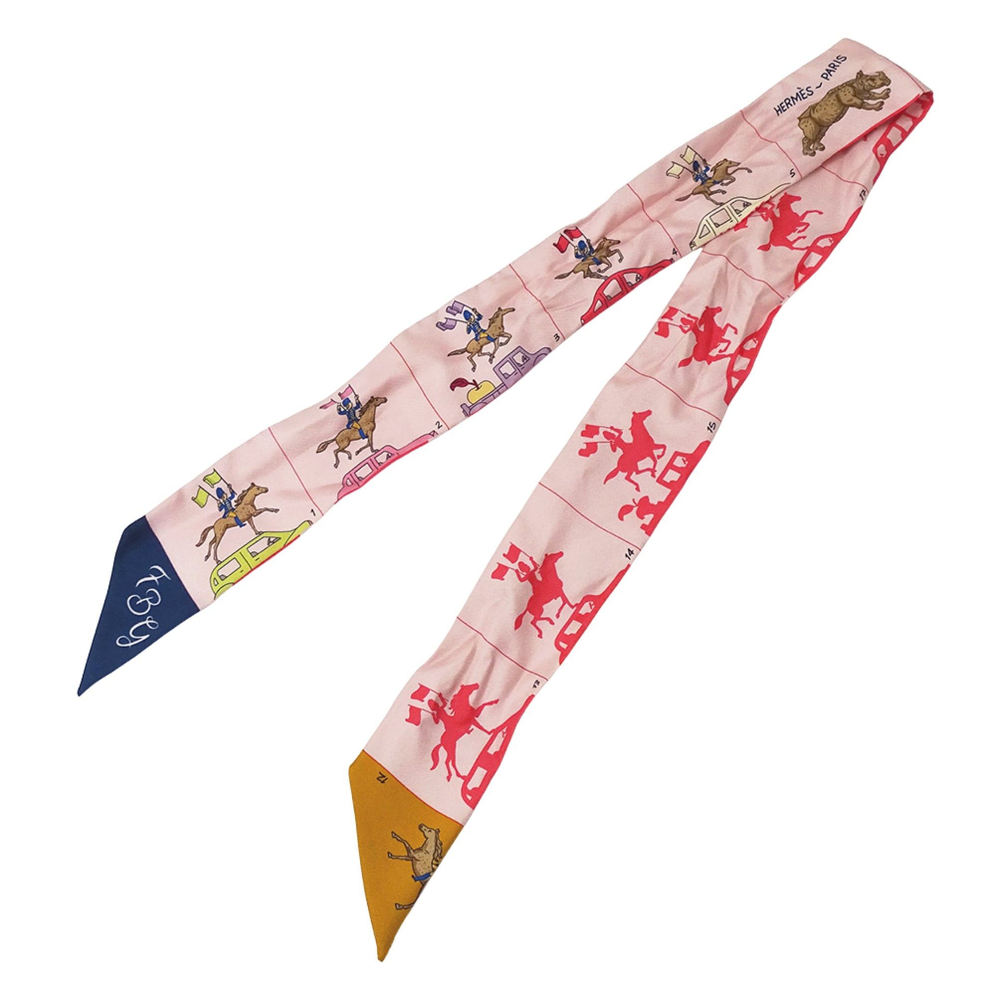 Hermes Hermes scarf/muffler for women, brand name, twilly, silk, pink, horse and carriage design. Size ONE SIZE - 2 Thumbnail