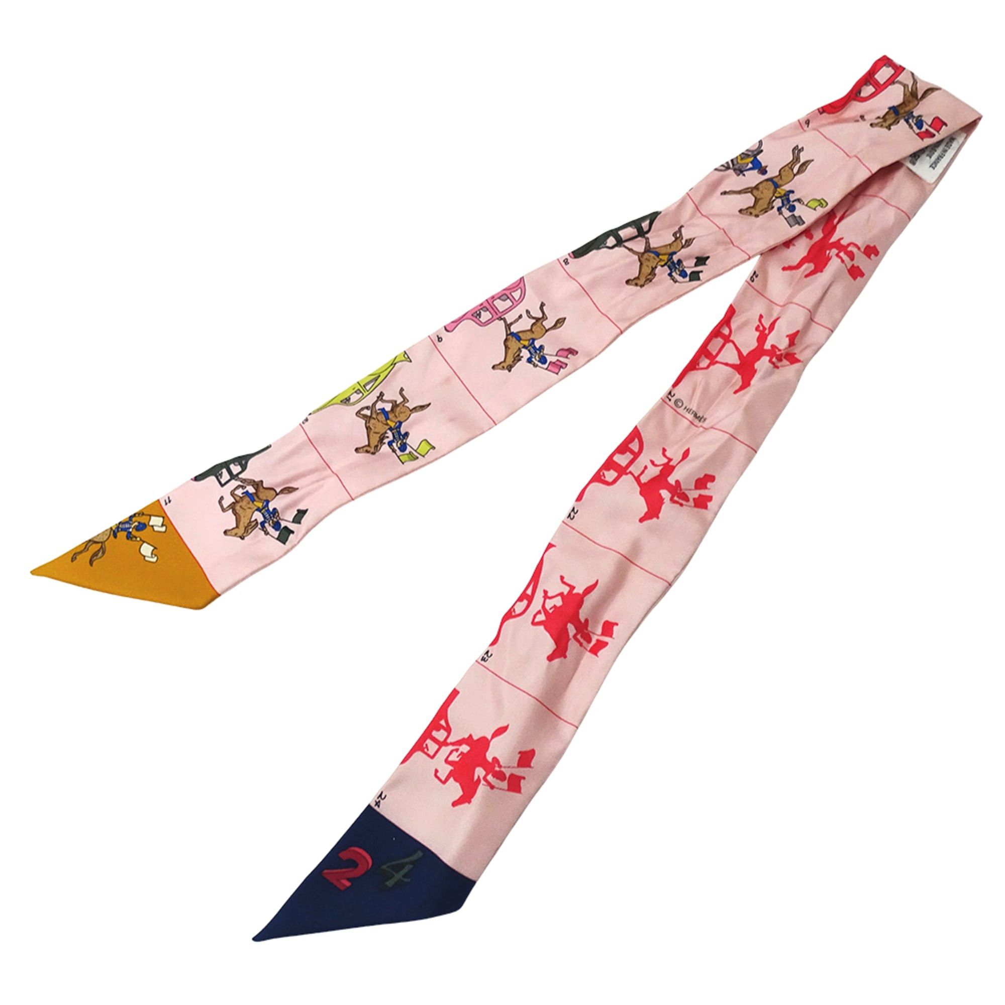 Hermes Hermes scarf/muffler for women, brand name, twilly, silk, pink, horse and carriage design. Size ONE SIZE - 3 Thumbnail